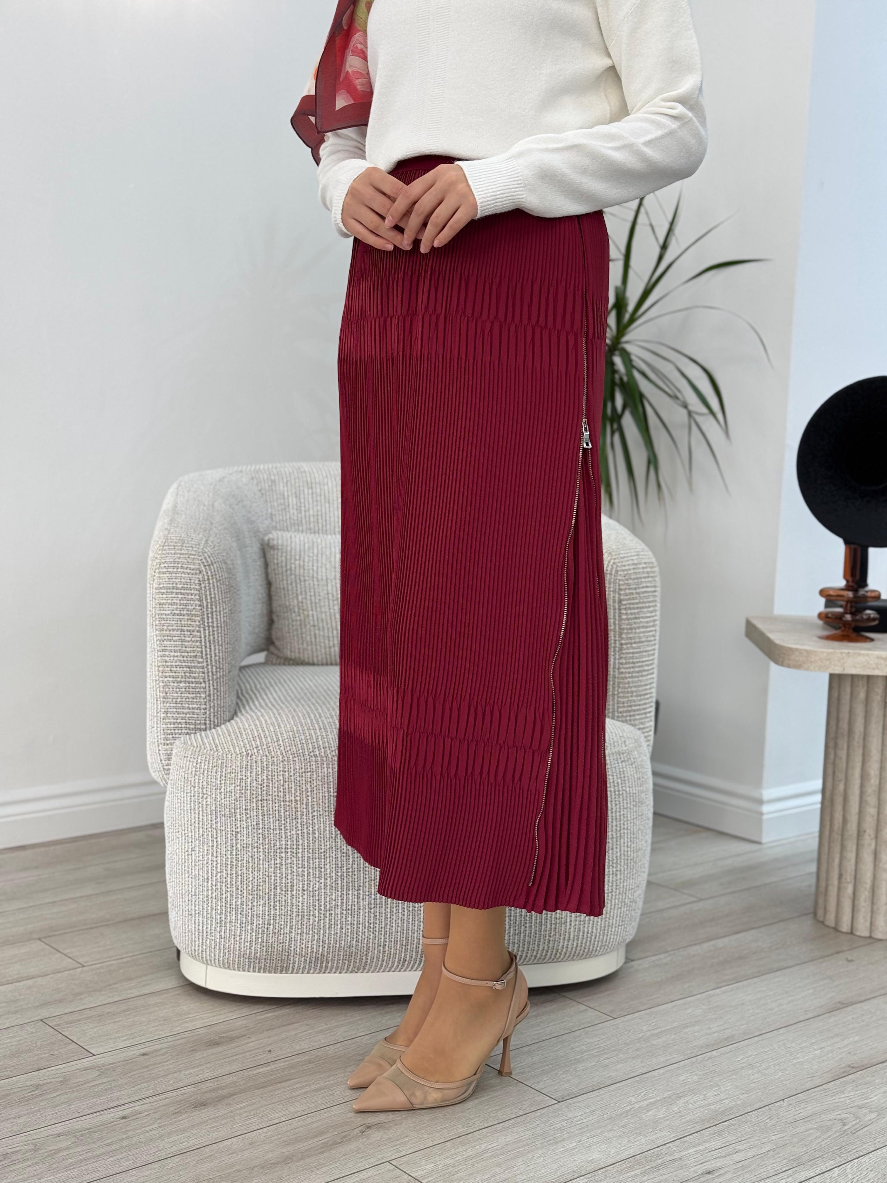 Misswhence Fermuar Detaylı Pilise Etek Bordo 36921