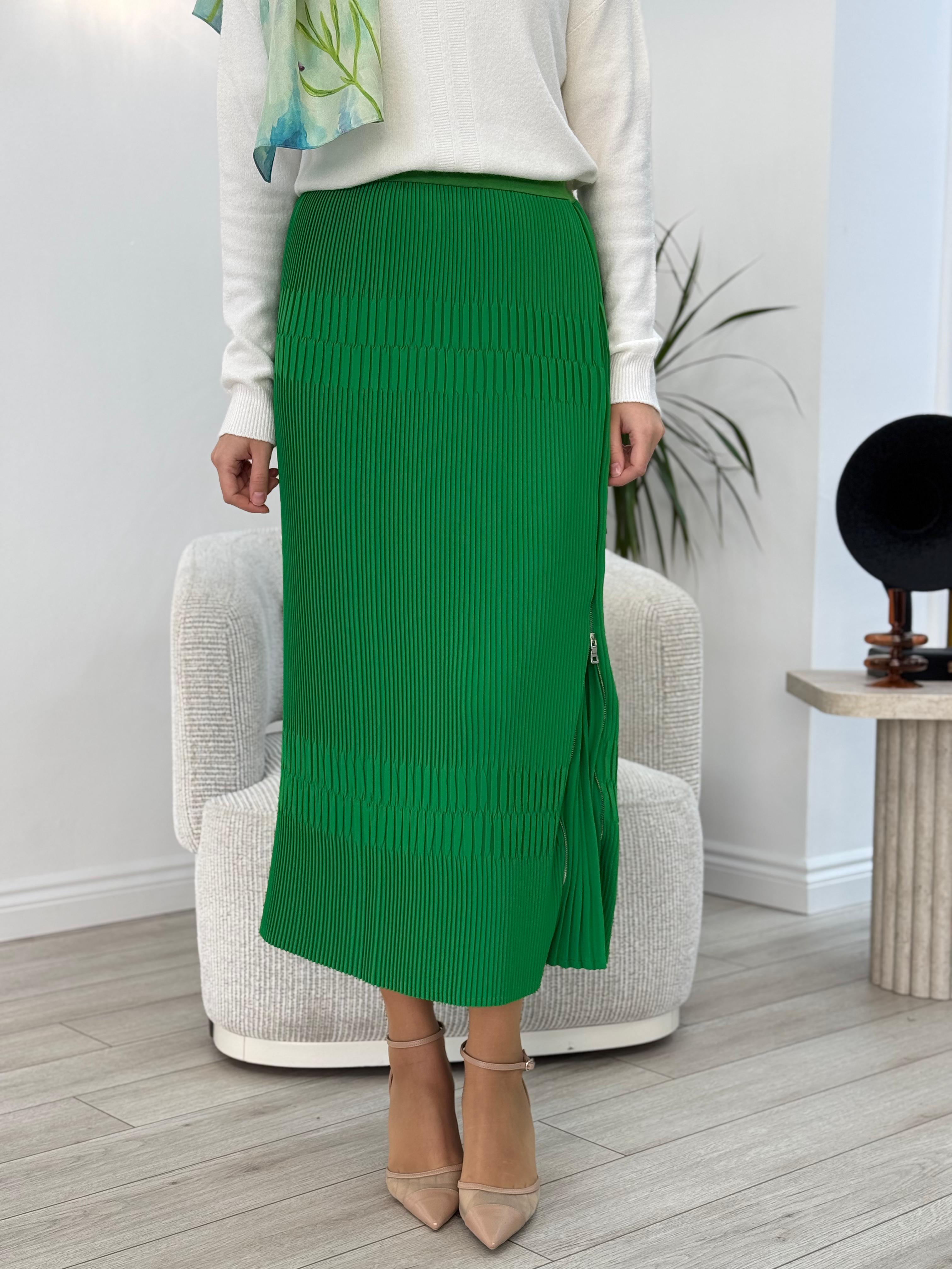 Misswhence Fermuar Detaylı Pilise Etek Çimen Yeşili 36921