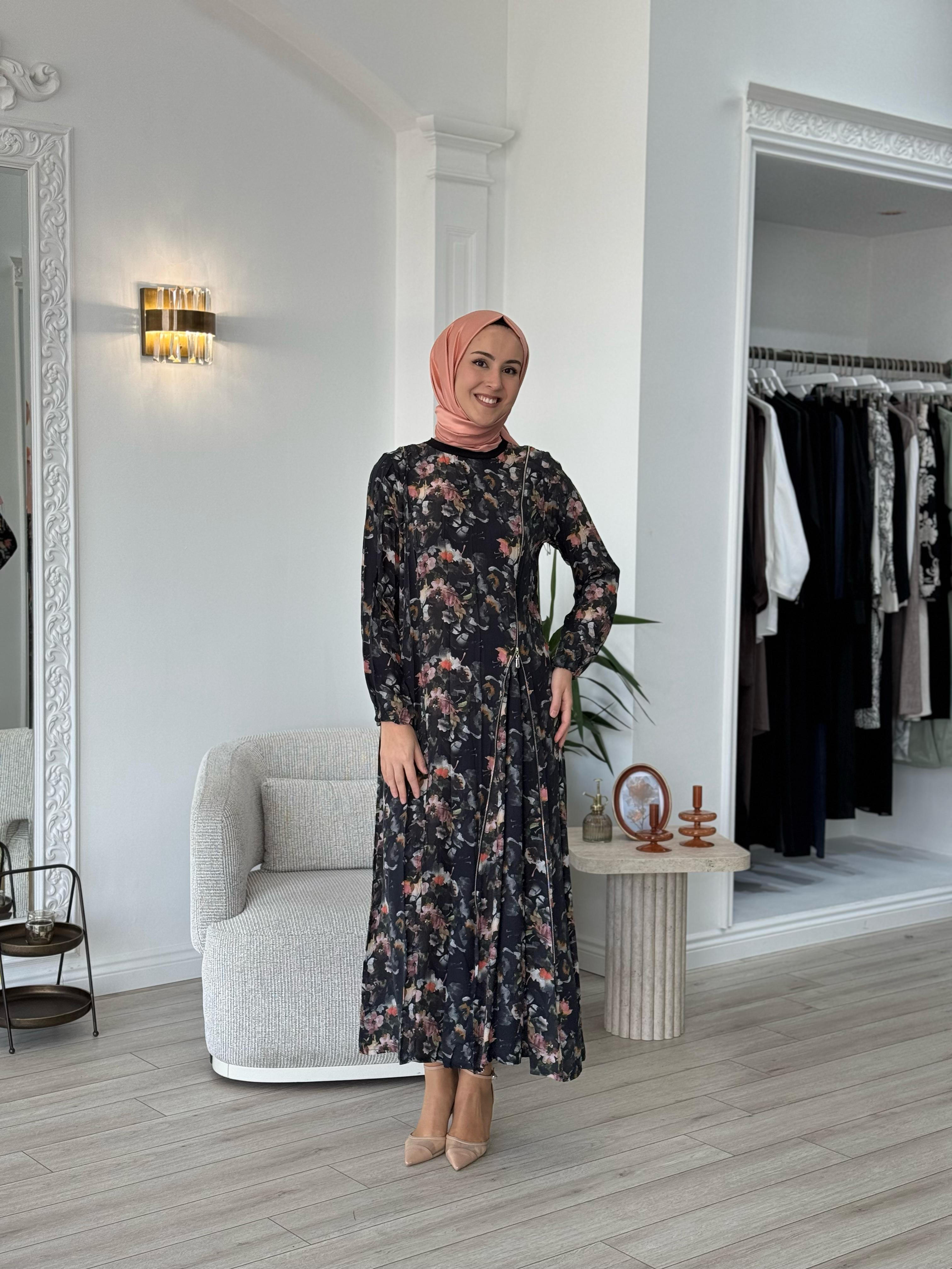 Misswhence Fermuar Detaylı Siyah Baskılı Elbise 37830