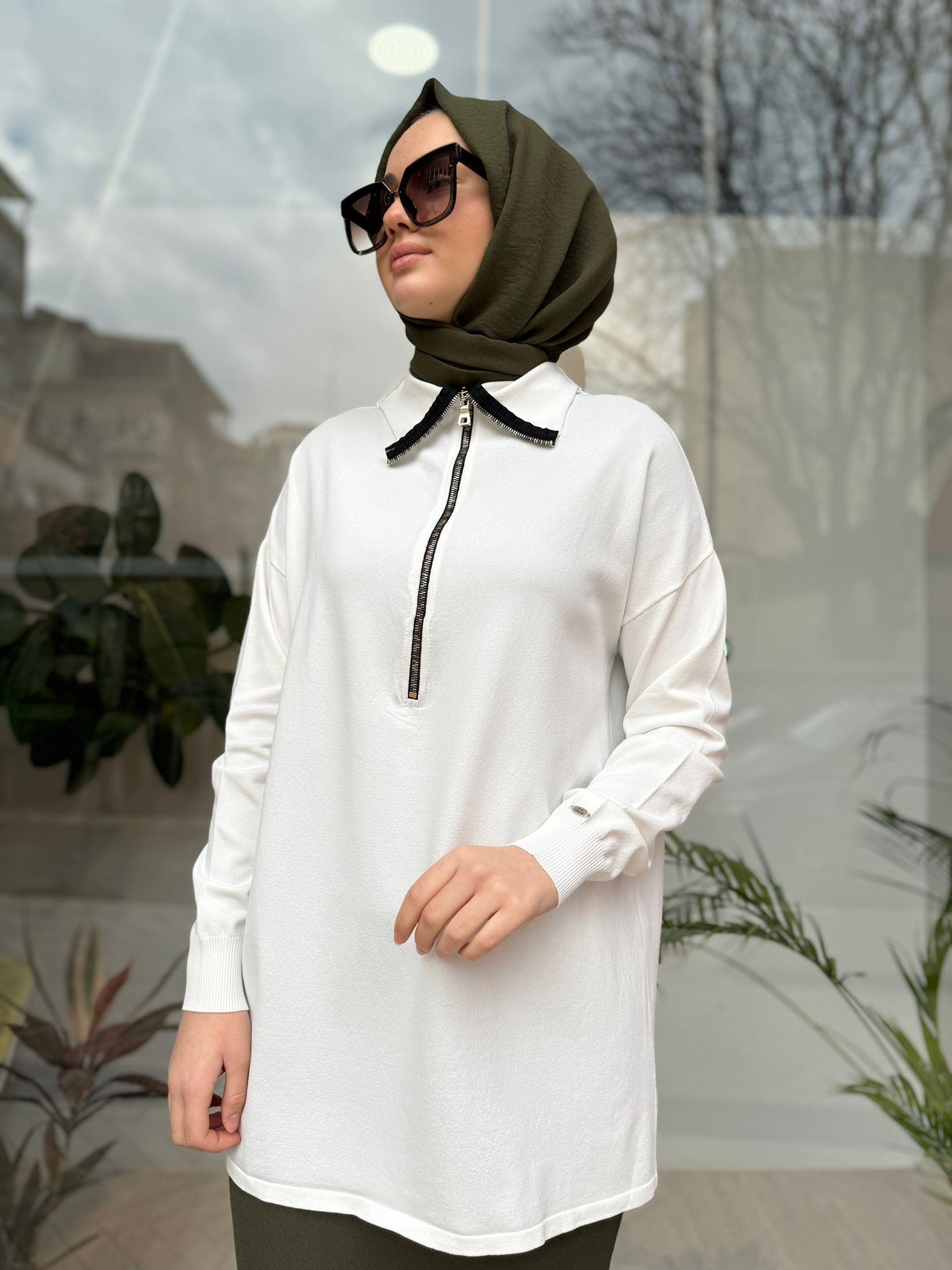 Misswhence Fermuar Detaylı Triko Beyaz Tunik MİSS-224