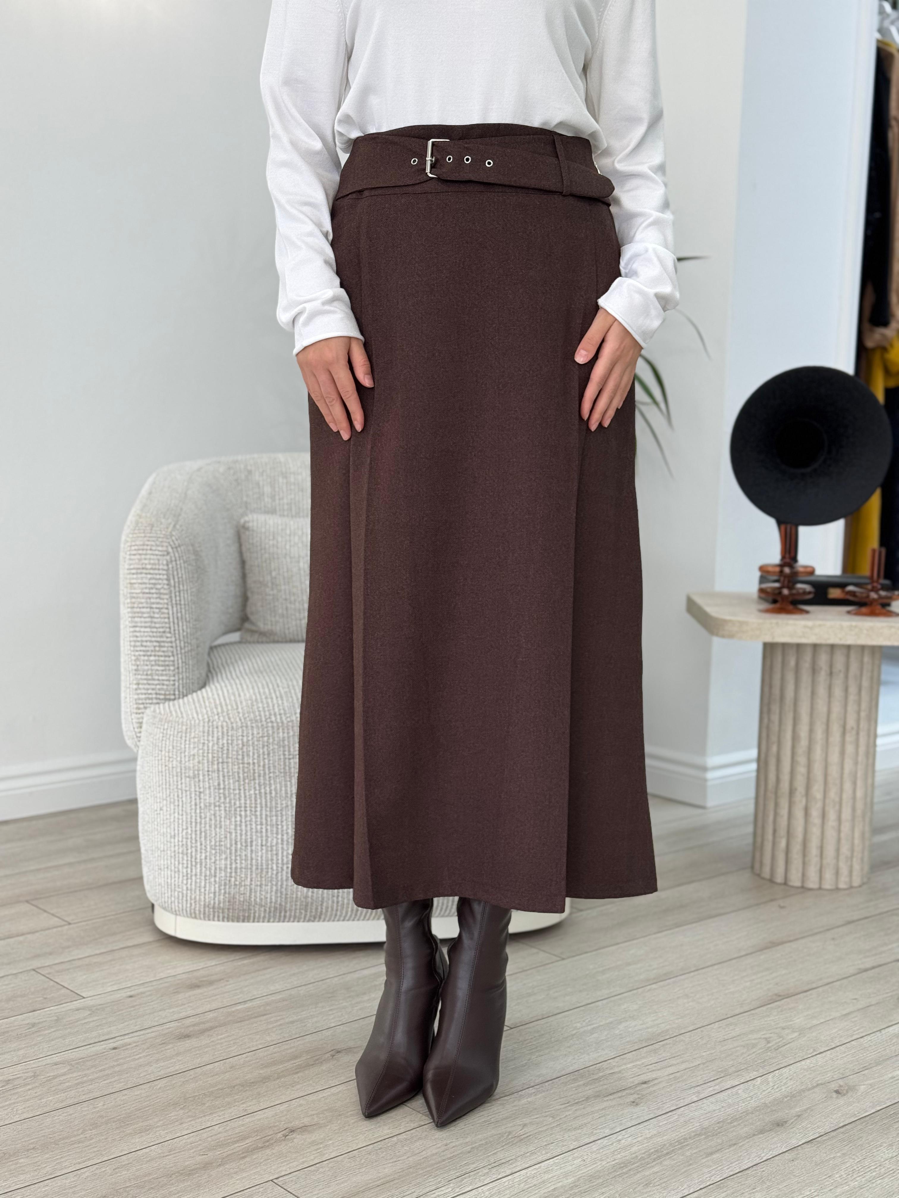 Misswhence Fermuar ve Kemer Detaylı Etek Kahve 36904