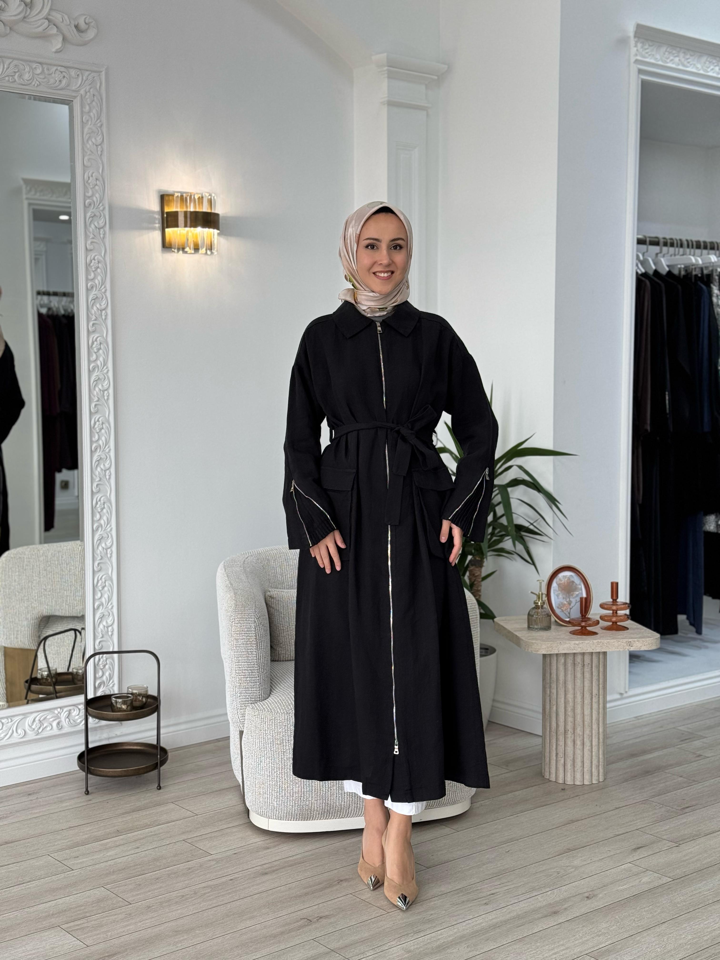 Misswhence Fermuarlı Keten Pardesü Siyah 37509