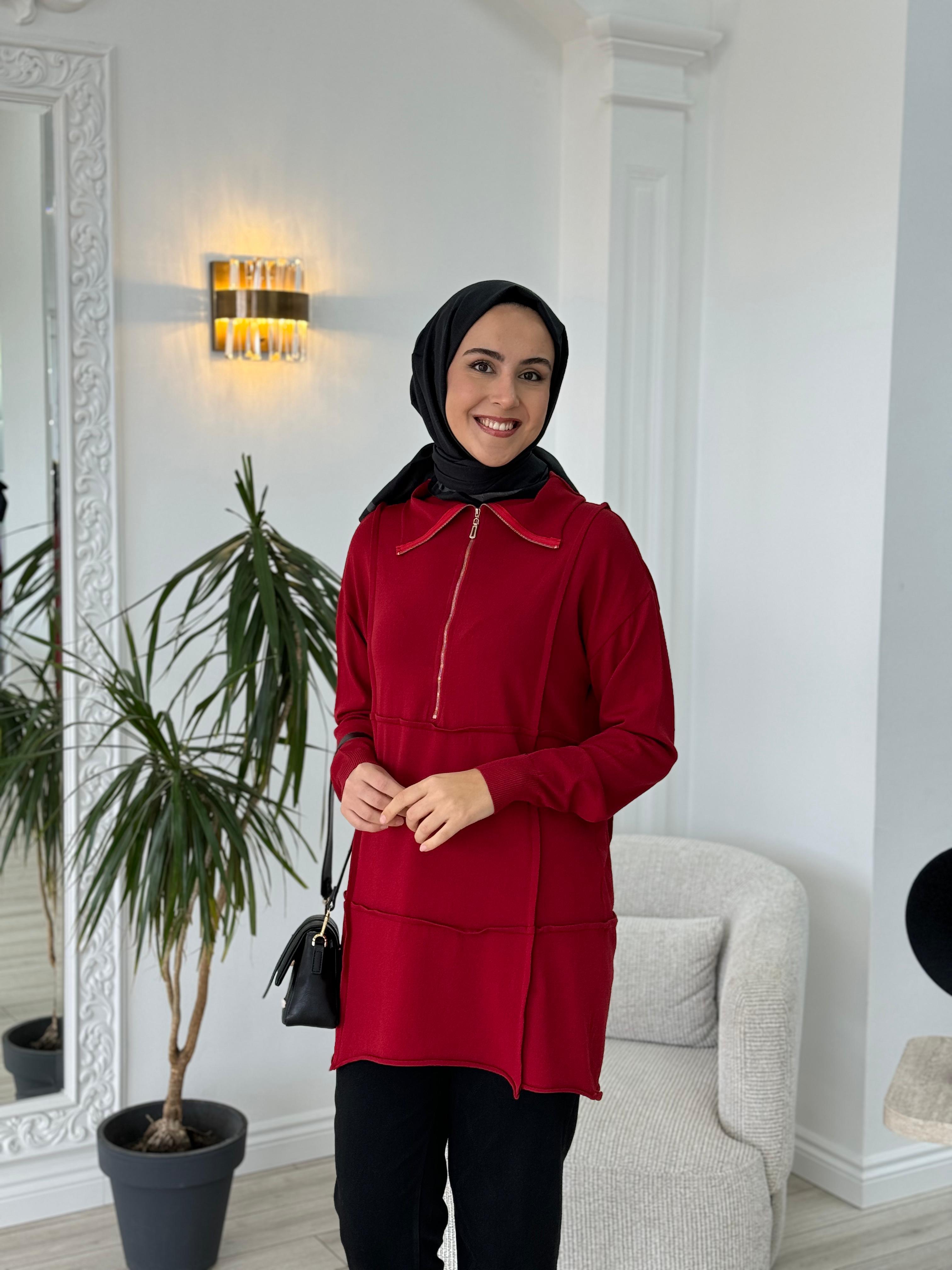 Misswhence Fermuarlı Triko Tunik Kırmızı 36016