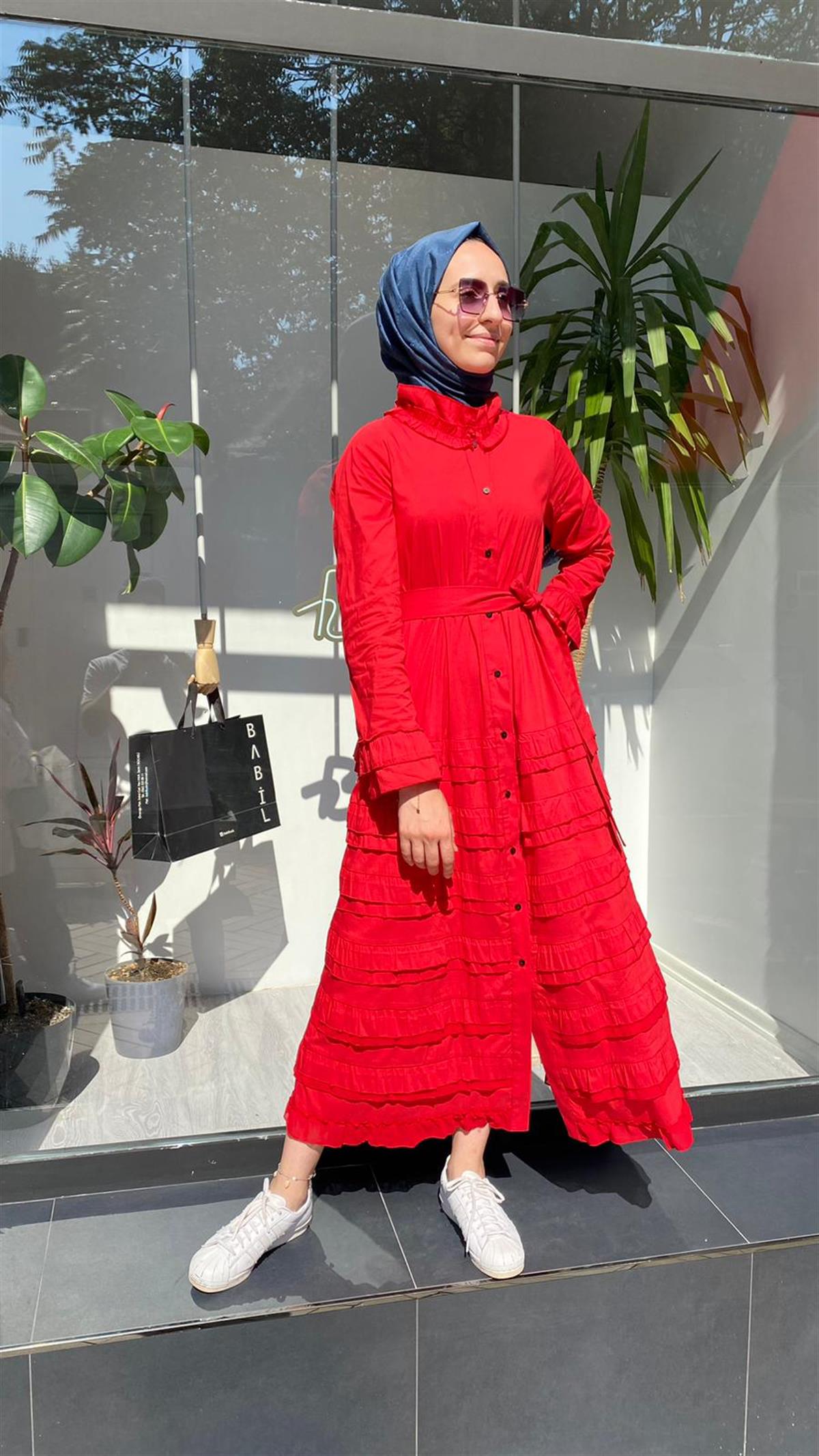 Misswhence Fırfır Poplin Elbise Kırmızı 33805