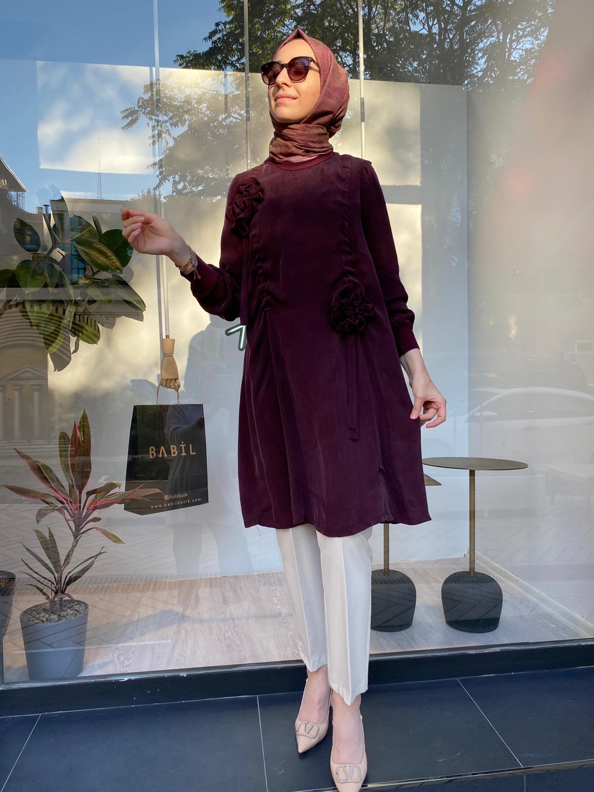 Misswhence Gül Detaylı İpek Tunik Bordo 34026