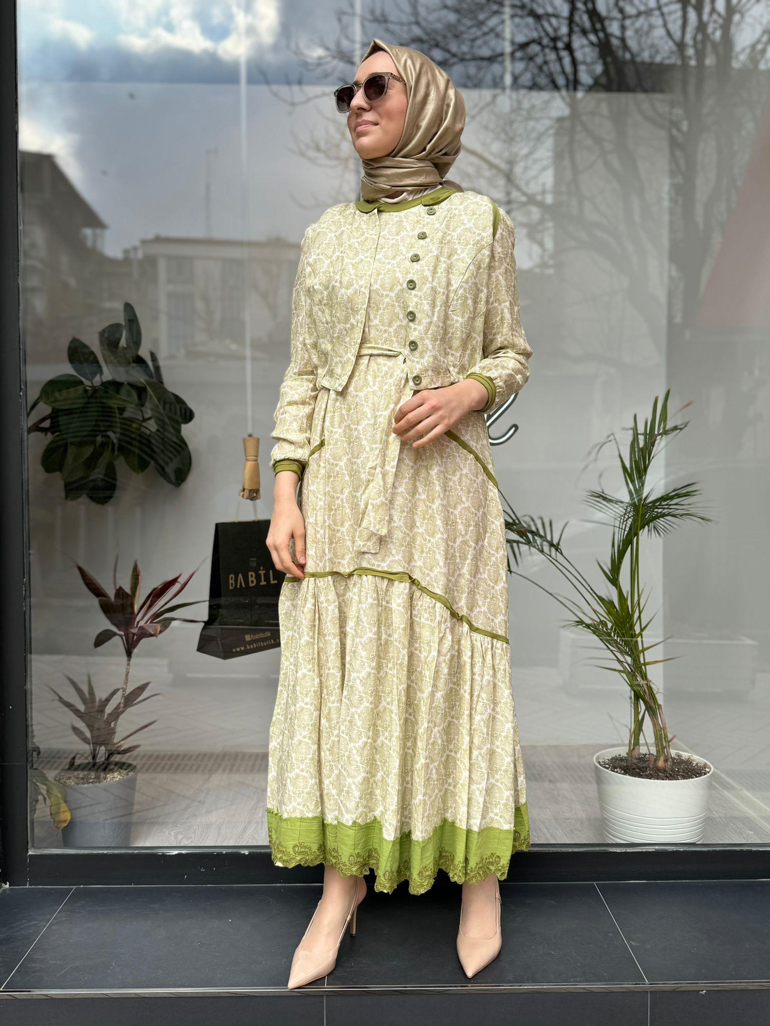 Rebecca様 Misswhence İpek Keten Yelekli Elbise Yeşil 35803 - Babilbutik