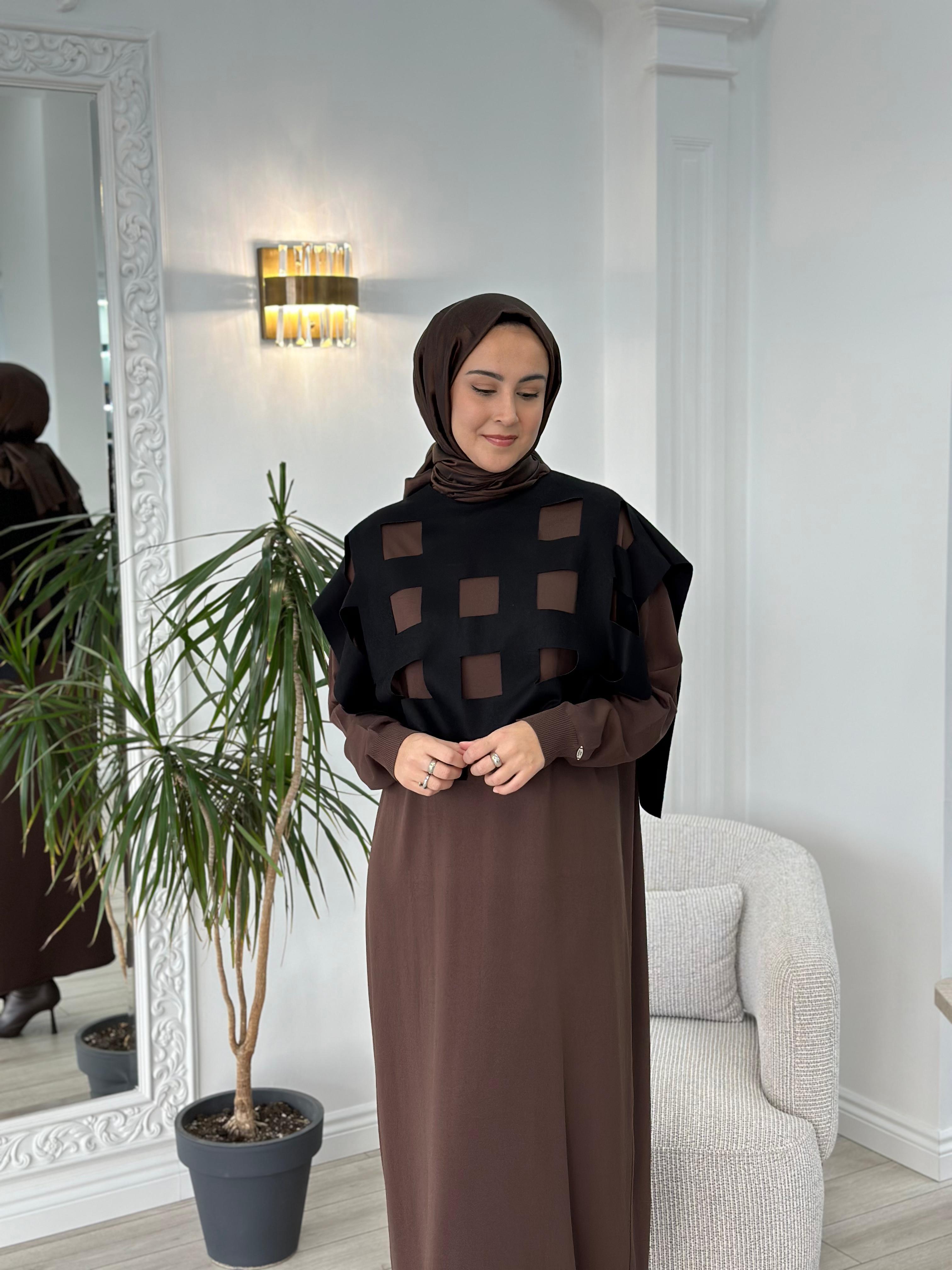 Misswhence Kahverengi Kemerli Kafesli Elbise 34801
