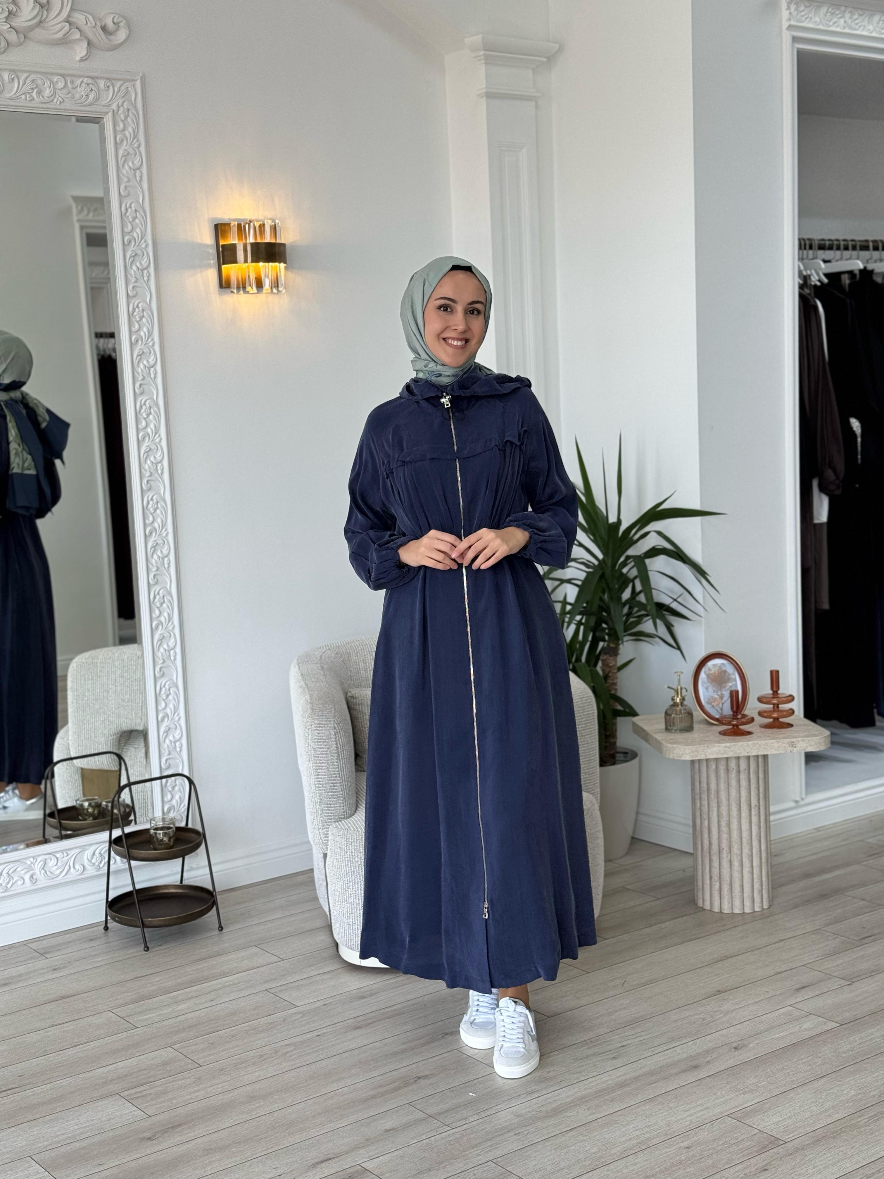 Misswhence Kapşonlu Beli Büzgülü Pardesü İndigo 37504