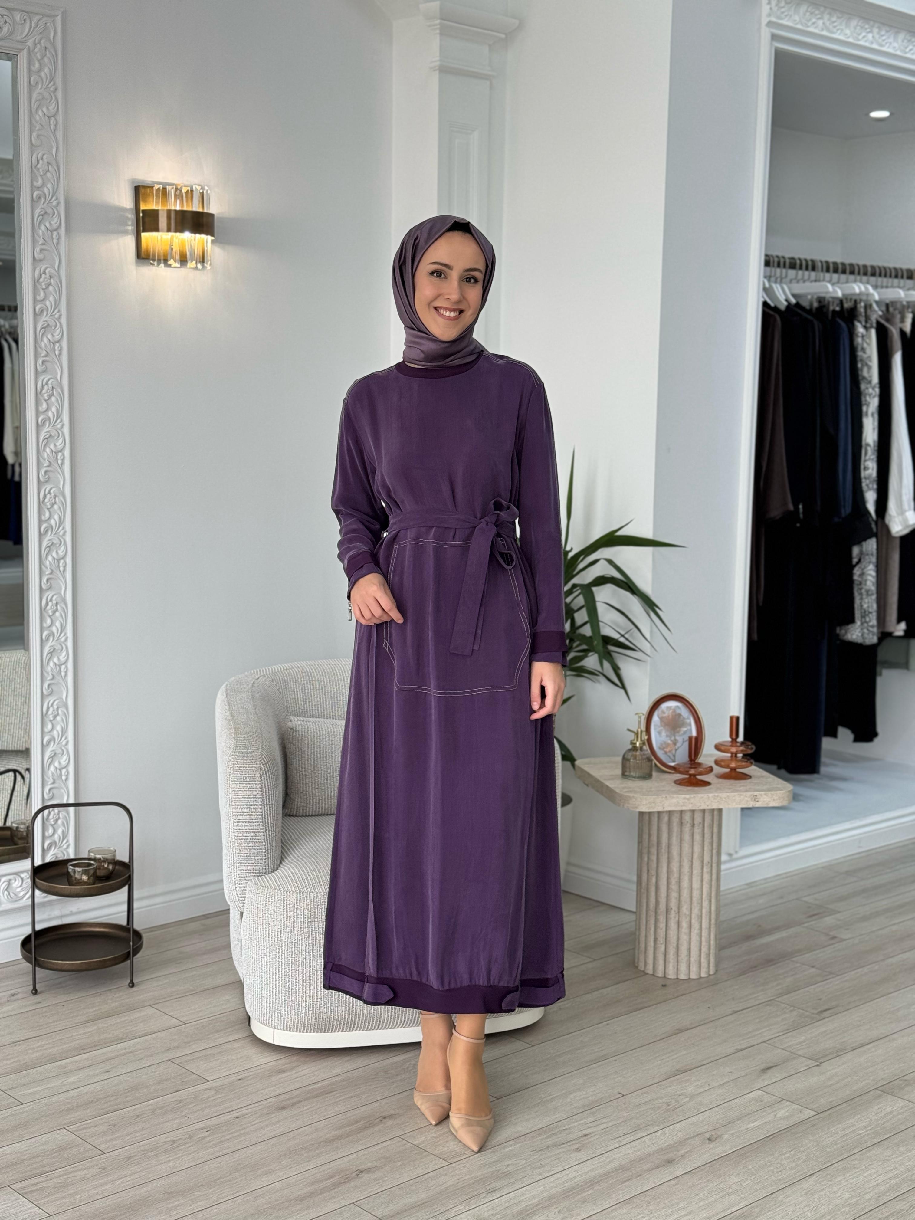 Misswhence Kemerli Cupro Elbise Mürdüm 37838