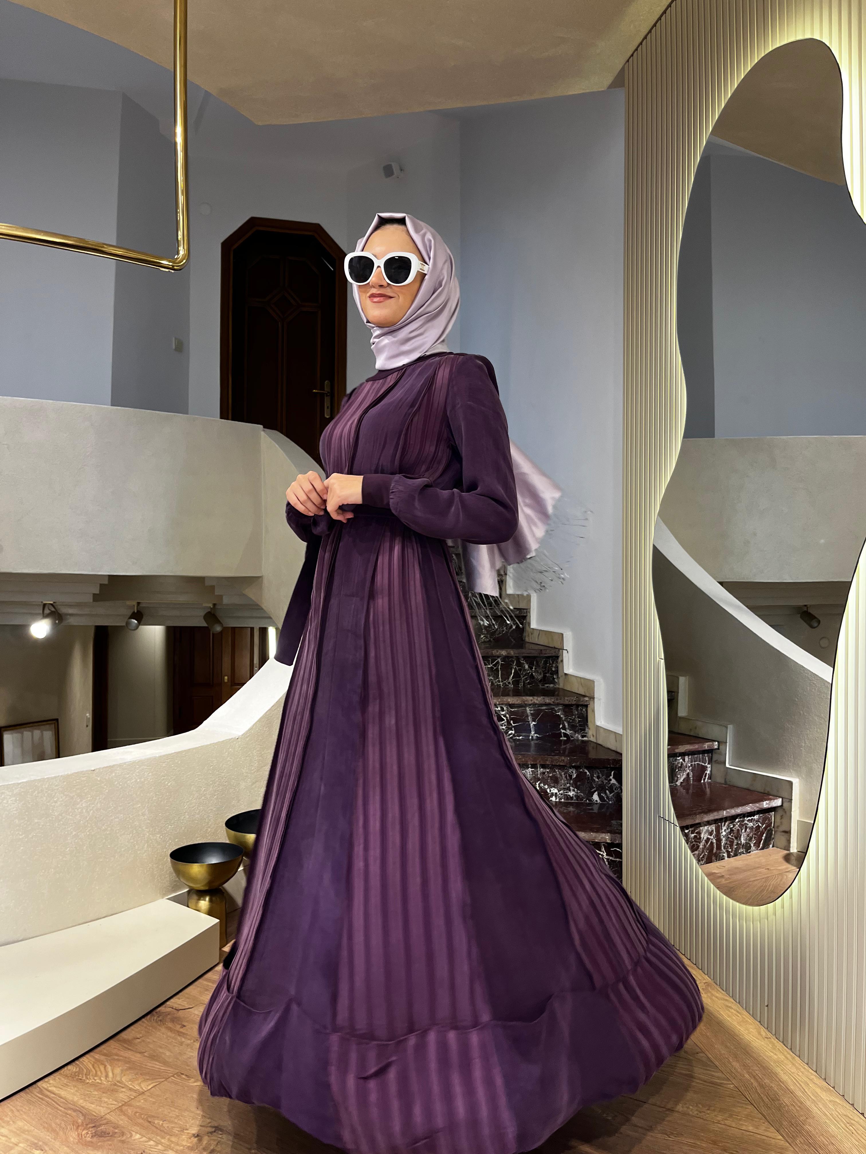 Misswhence Kendinden Çizgili Cupra Elbise Mürdüm 36820