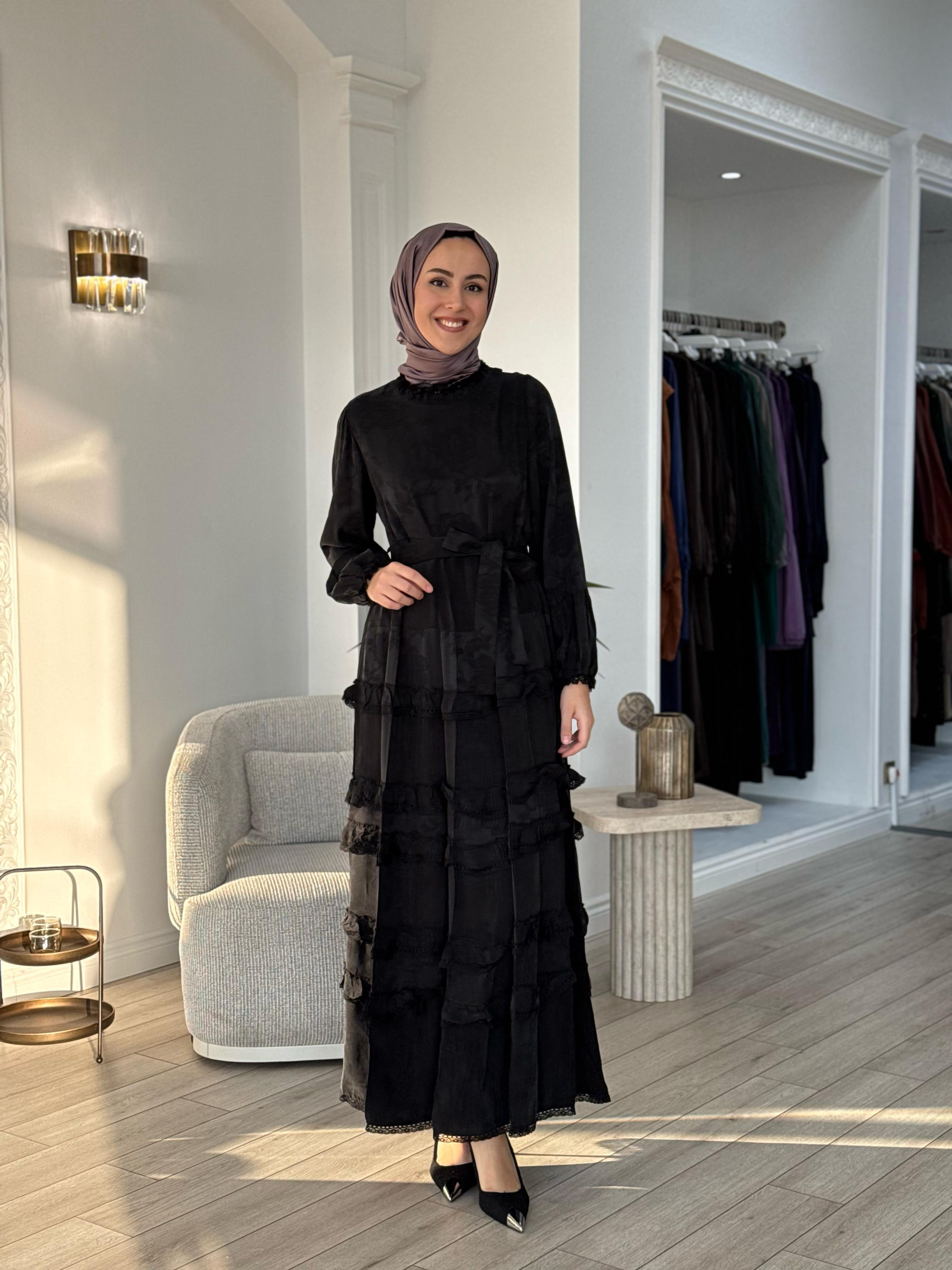 Mİsswhence Kendinden Desenli Cupra Elbise Siyah