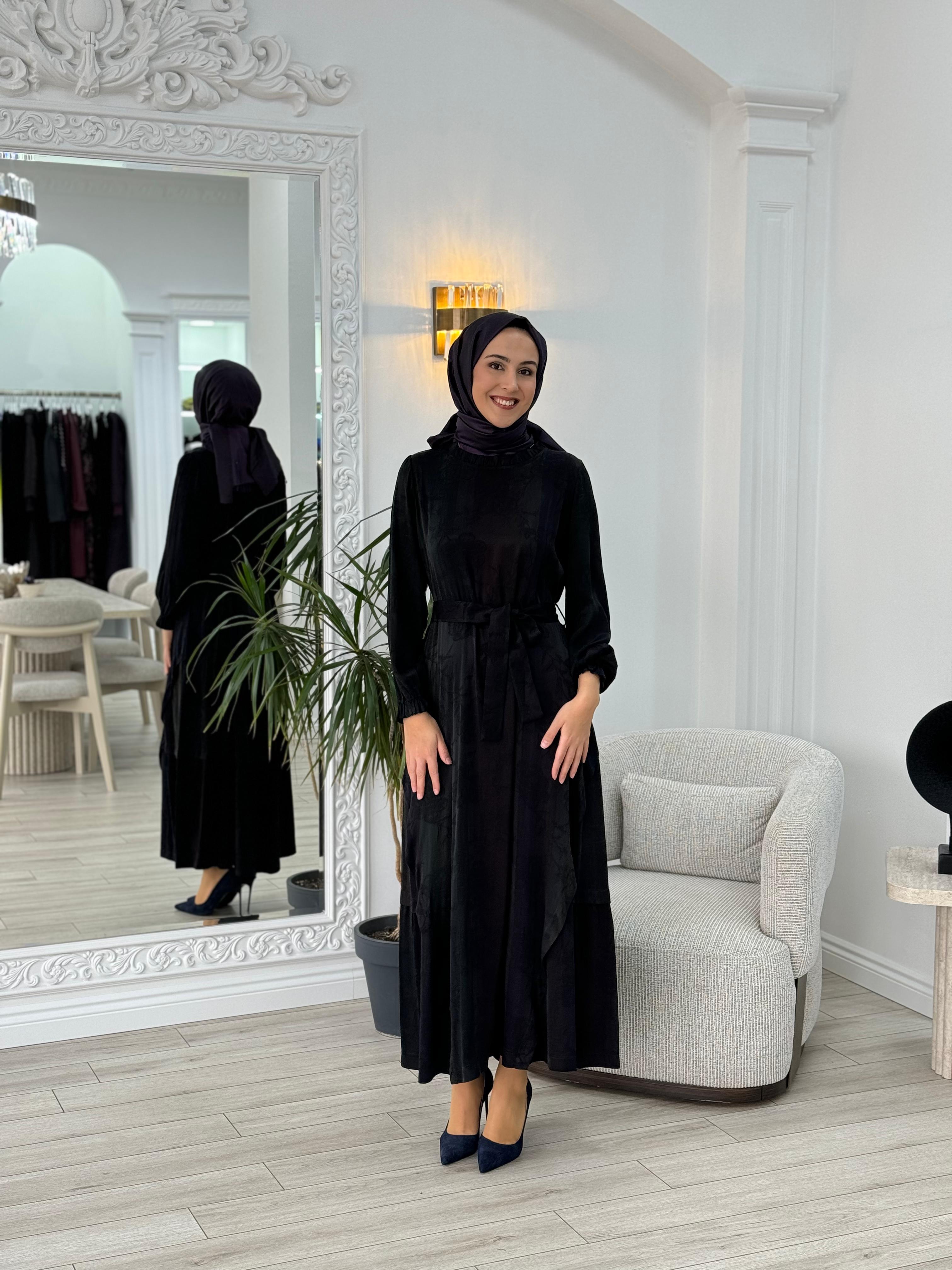 Misswhence Kendinden Desenli Cupra Elbise Siyah 36829