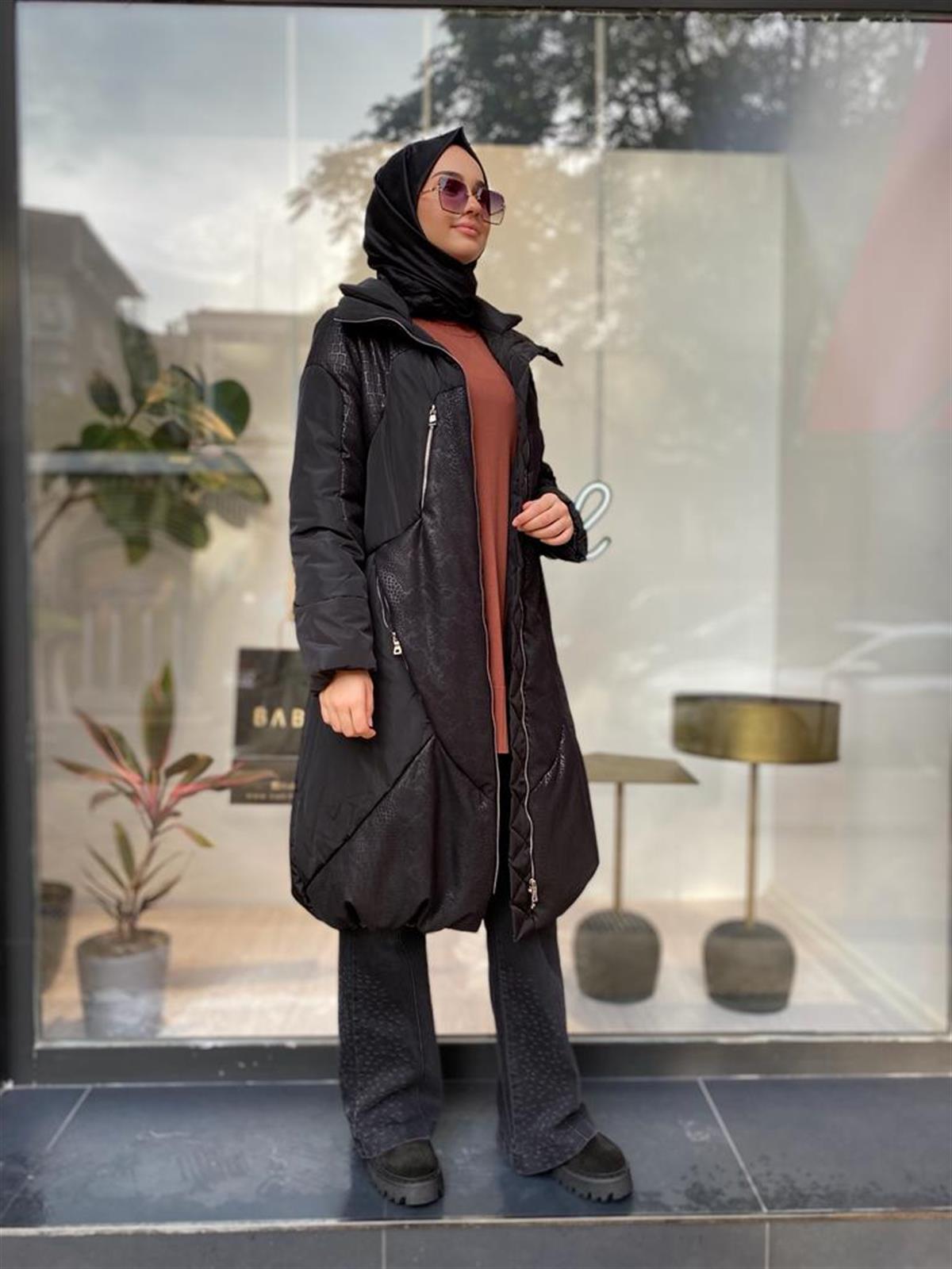 MissWhence Kendinden Desenli Şişme Mont Siyah 34506 - Babilbutik