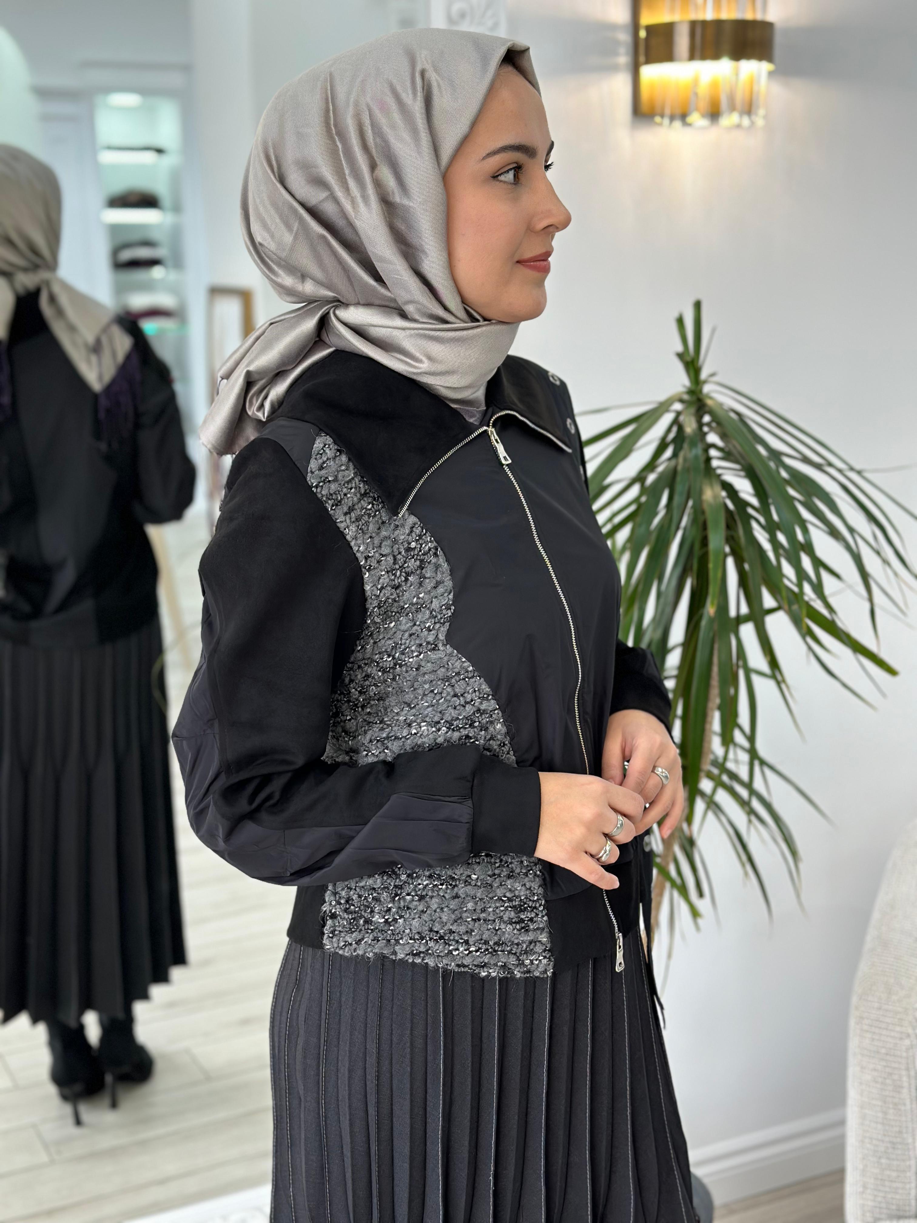 Misswhence Kuş Gözlü Patch Ceket Siyah Gri 34200