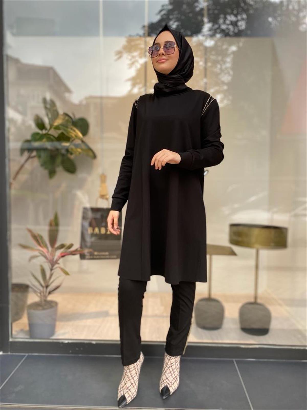 Misswhence Omzu Fermuarlı Uzun Siyah Tunik 34012