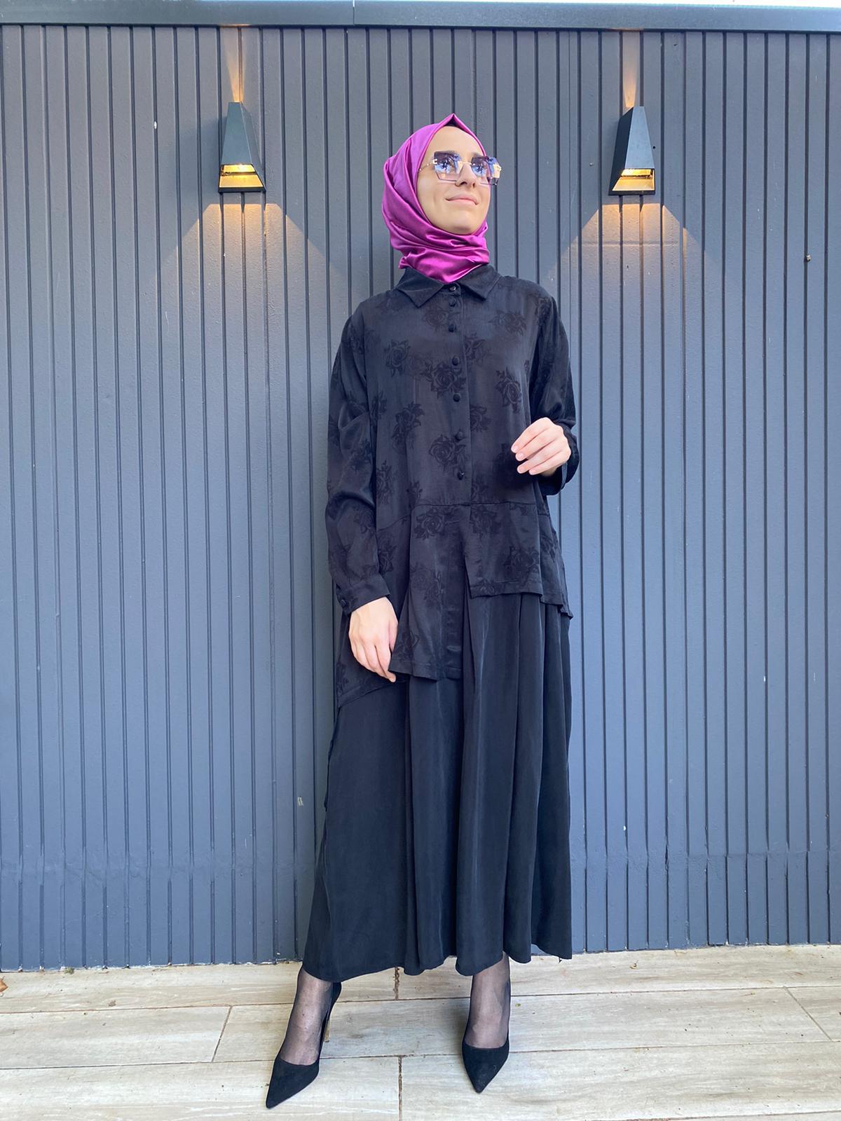 Misswhence Parçalı Siyah Gül Detay İpek Elbise 2820