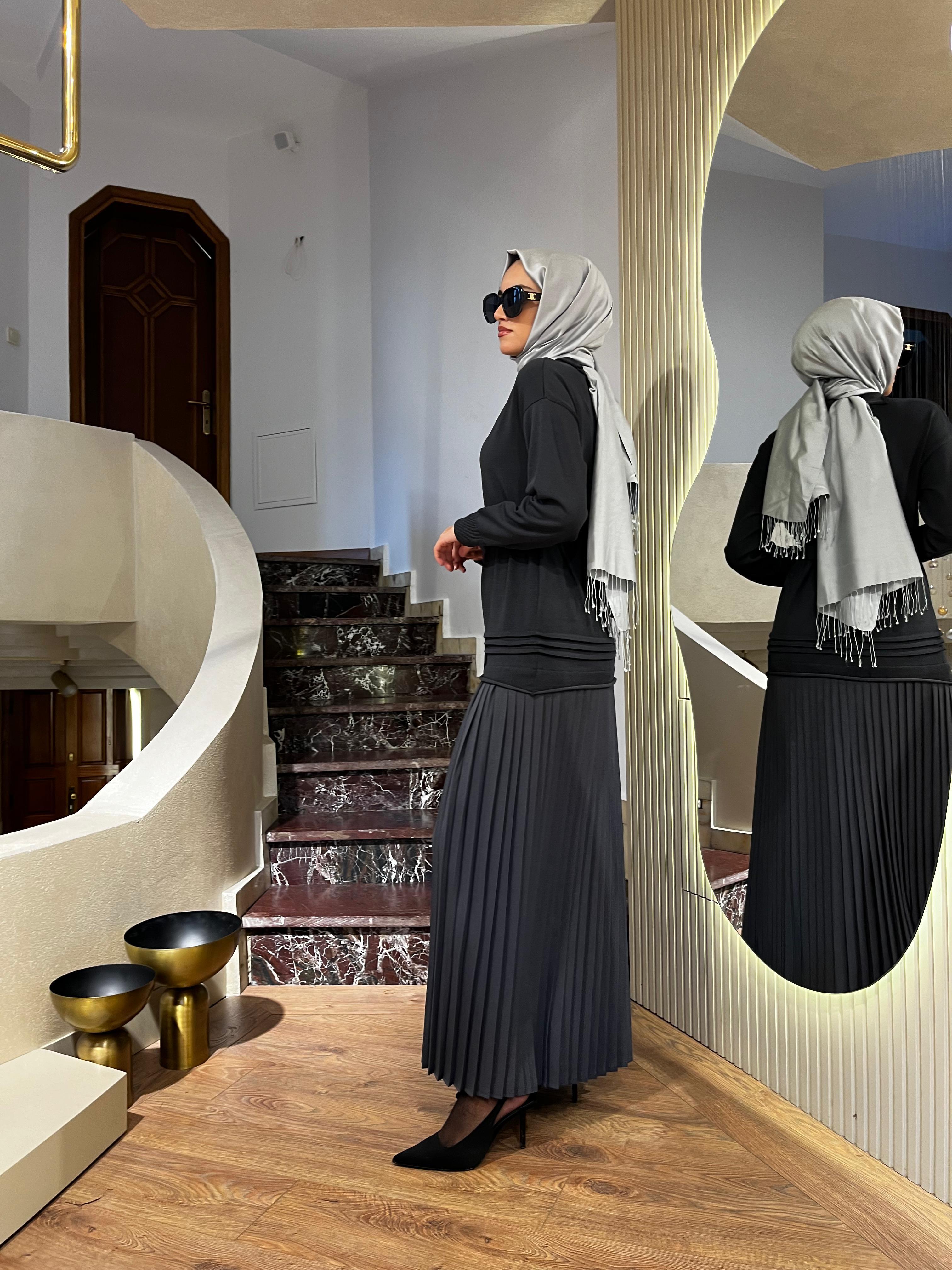 Misswhence Pilise Detaylı Triko Elbise Gri 36813
