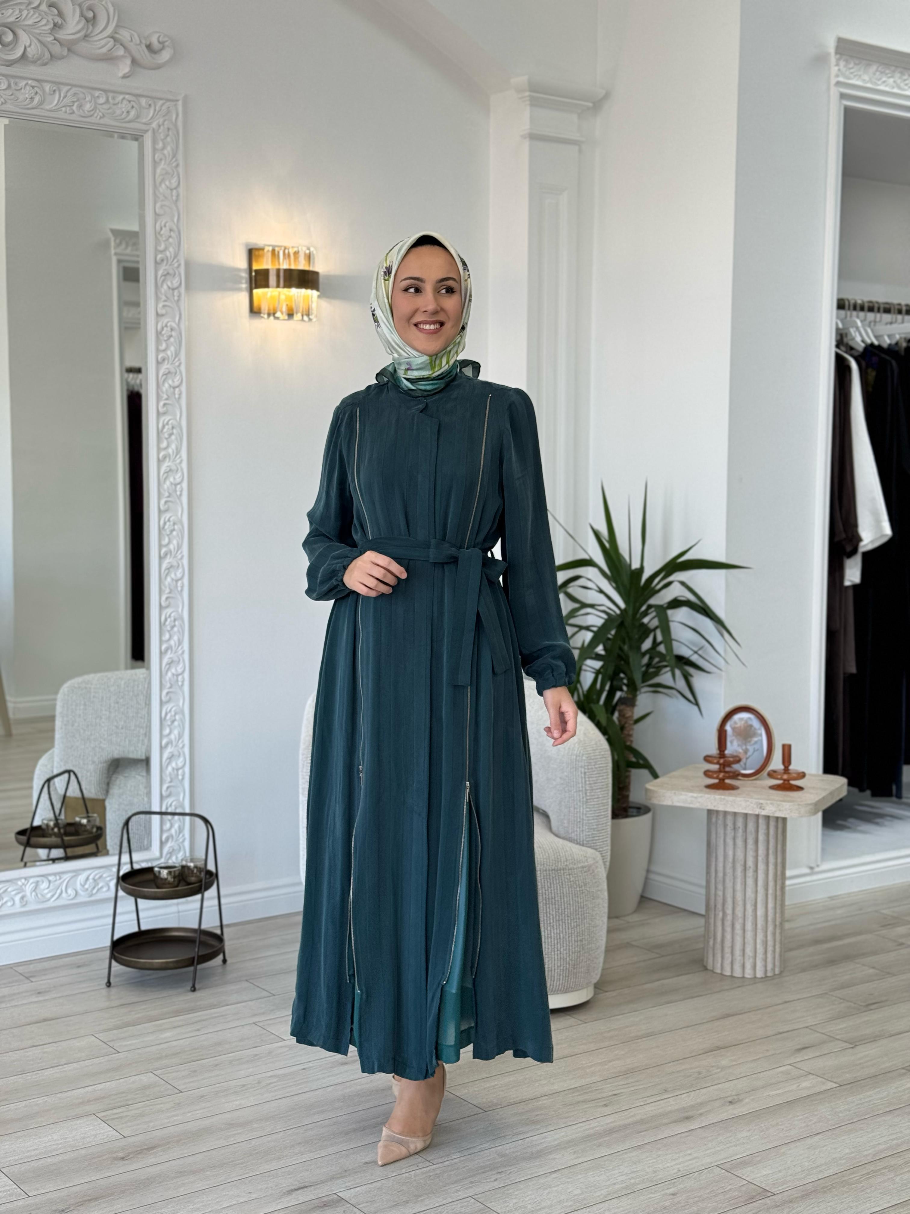 Misswhence Şeritli Fermuarlı Ferace Yeşil 35505