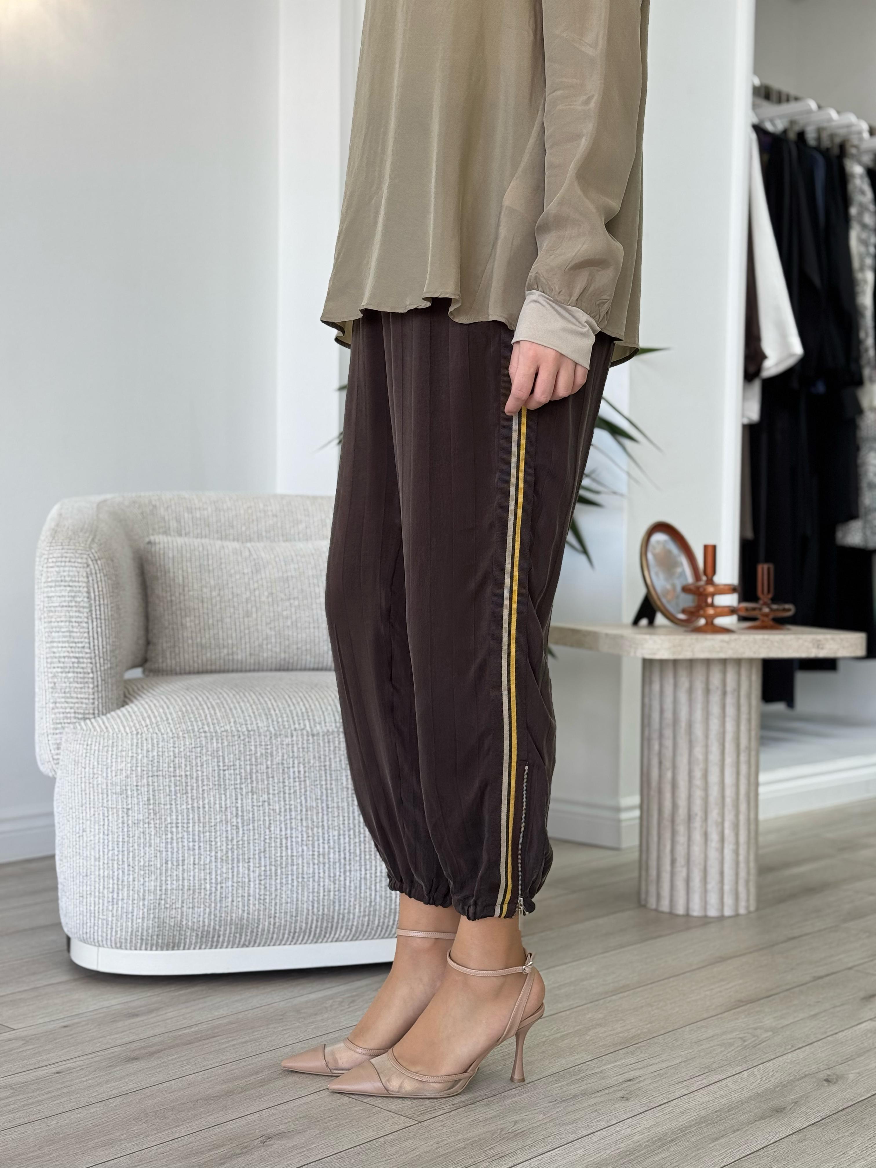 Misswhence Şeritli İpek Pantolon Kahve 35107