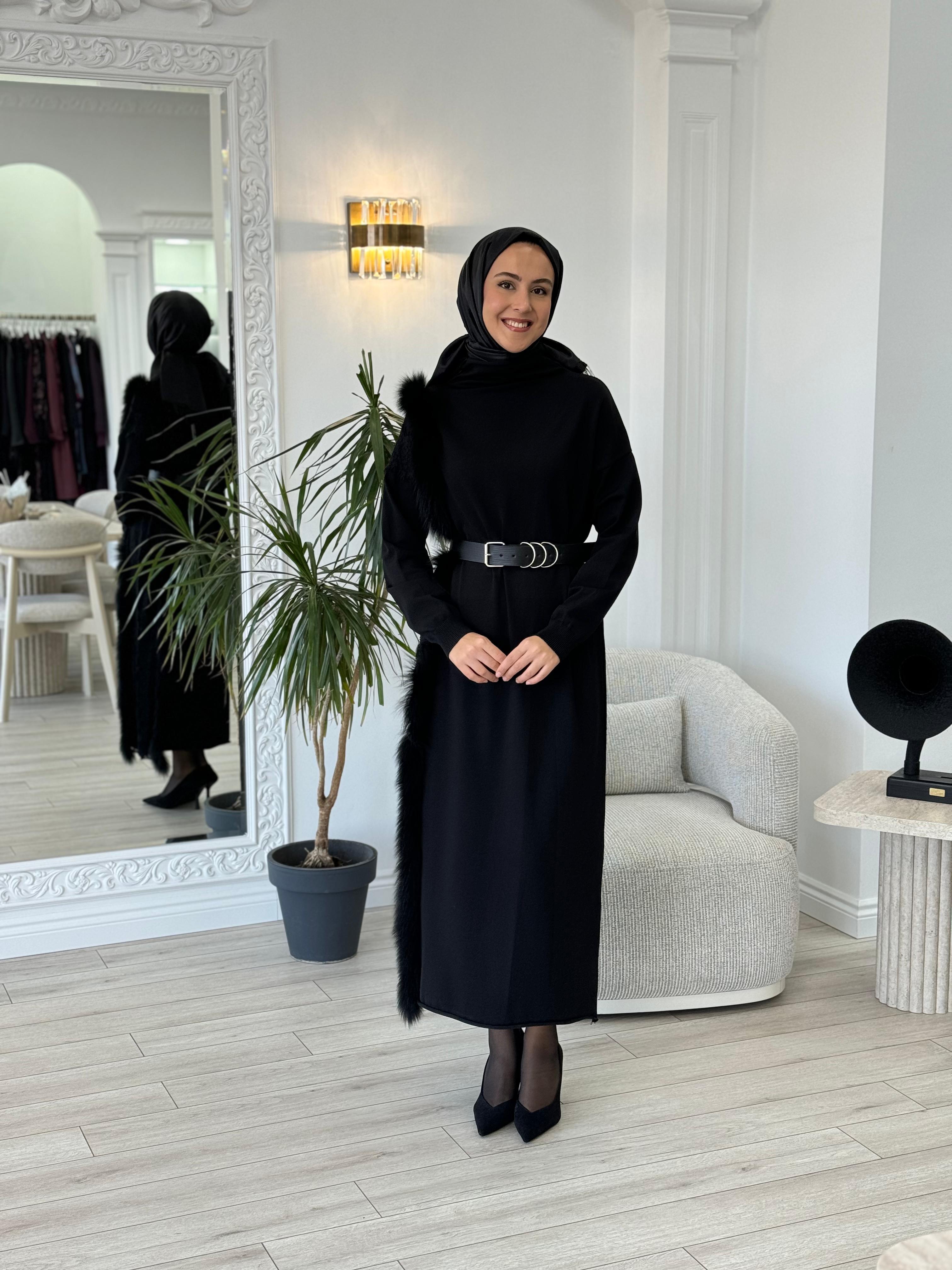Misswhence Triko Kürklü Elbise Siyah 36805
