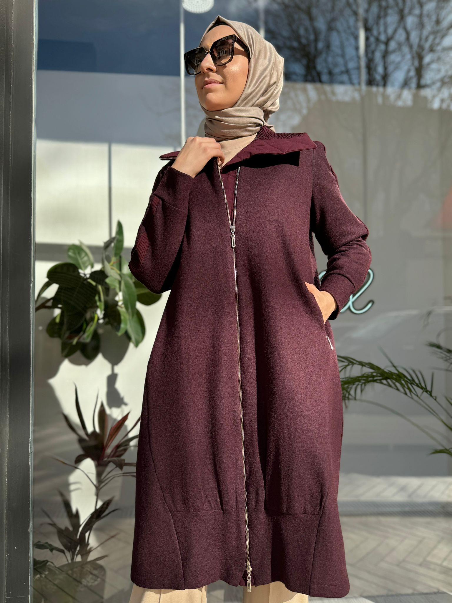 MissWhence Yaka Ve Omuz Detay Keçe Kaban Mürdüm 32516 - Babilbutik