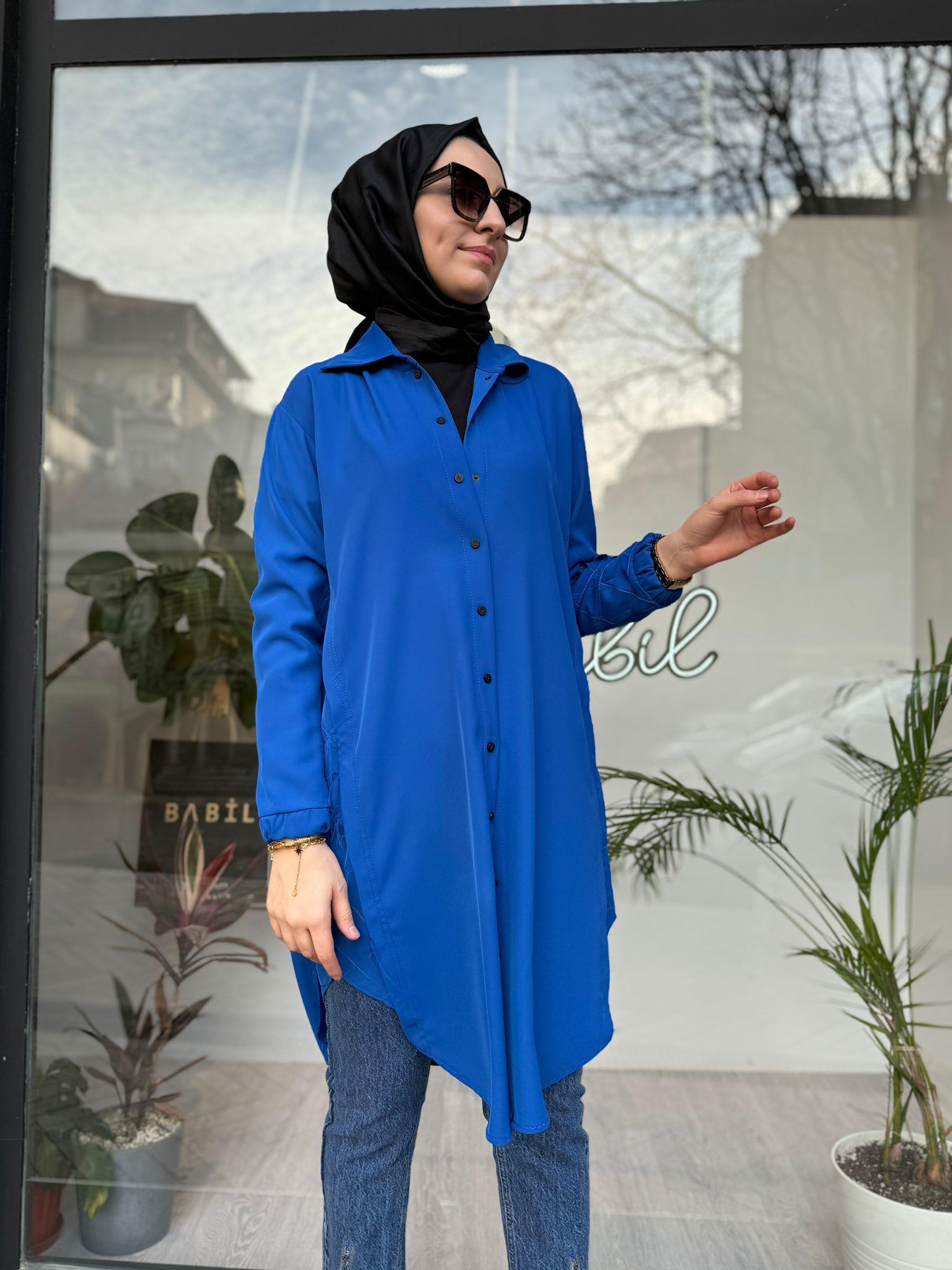 Misswhence Yanı Dikiş Detay Gömlek Saks 34303