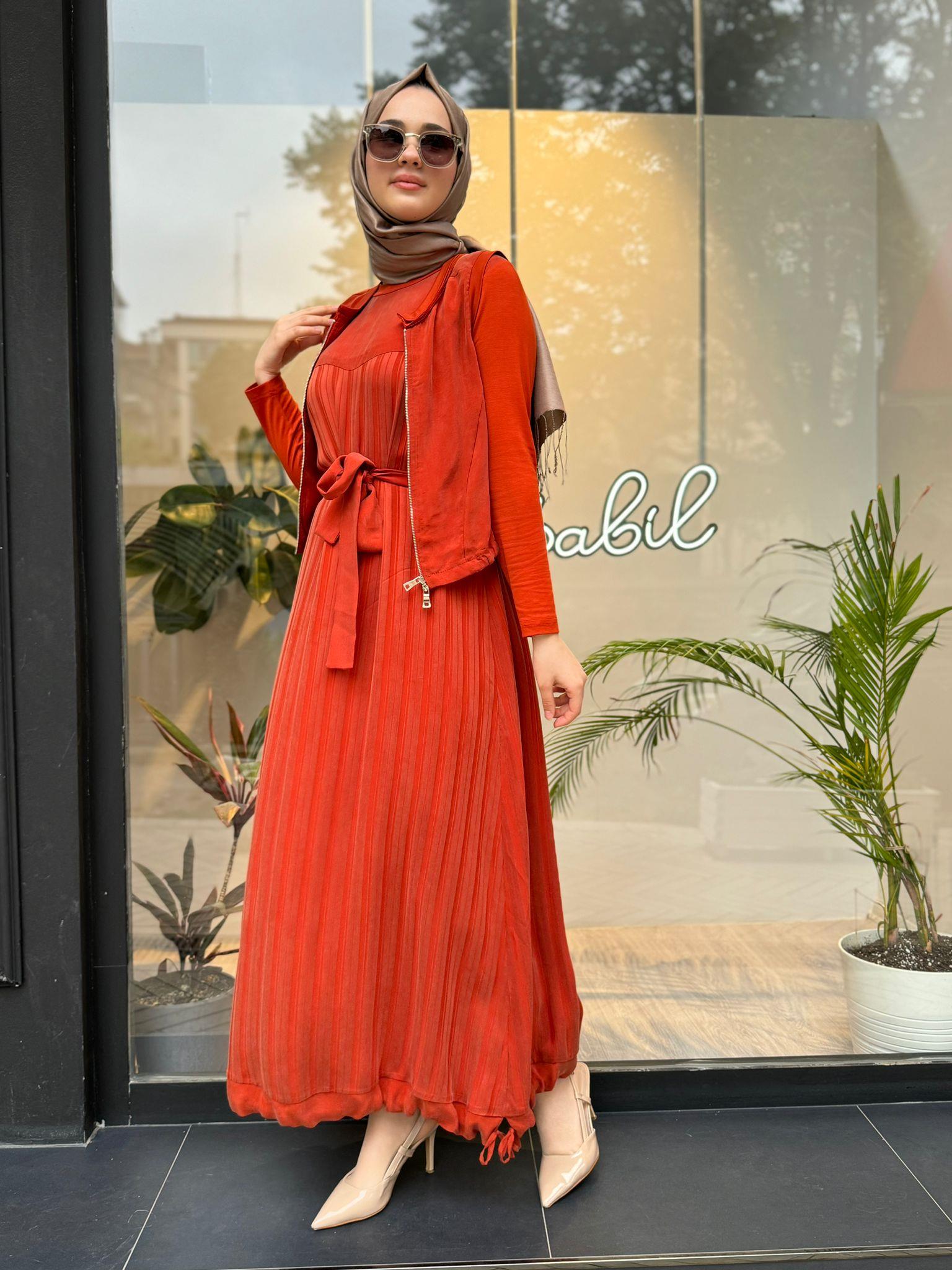 Misswhence Yelekli İpek Elbise Turuncu 35814