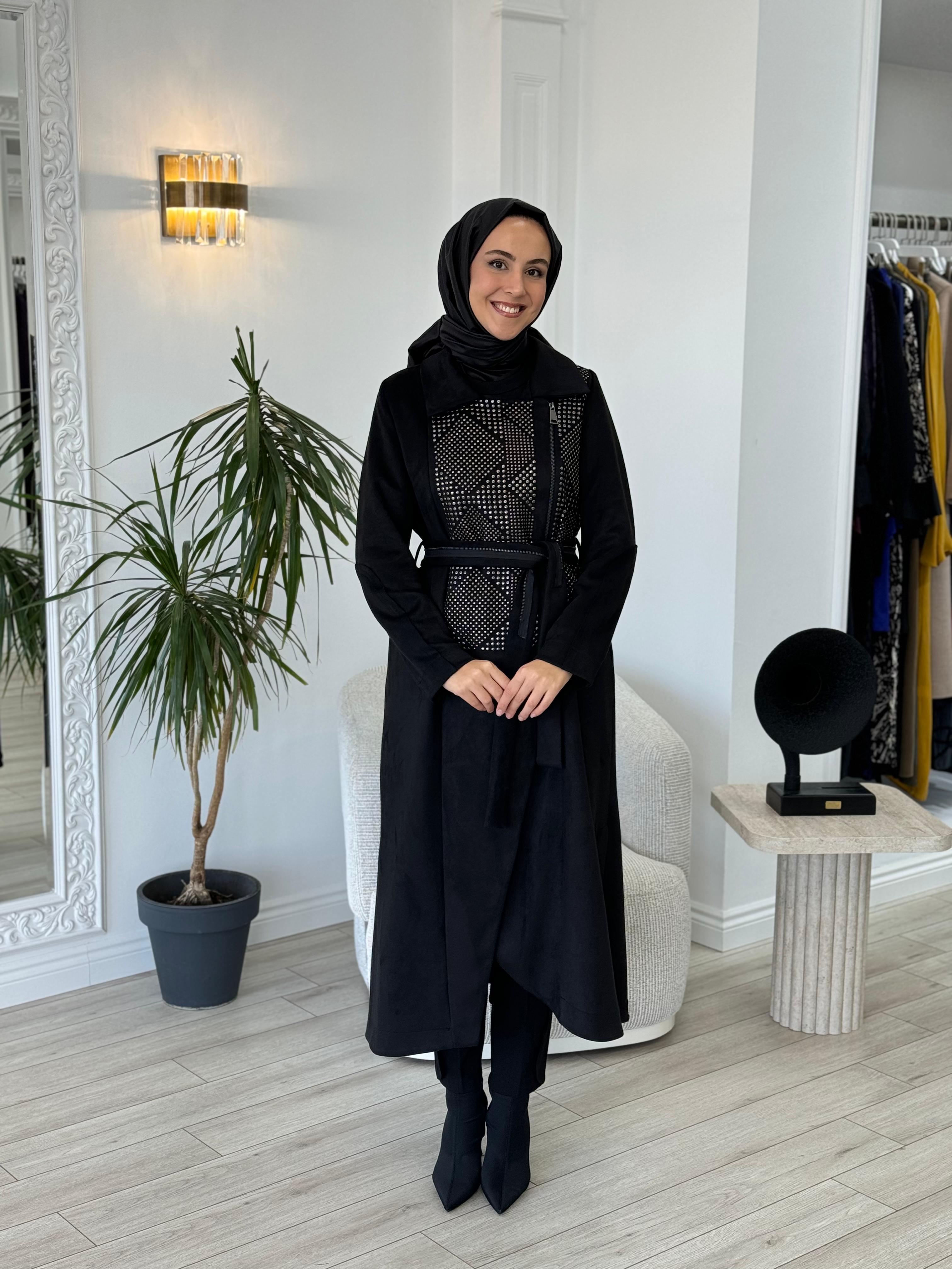 Misswhence Zımba Detay Süet Pardesü Siyah 34520 - Babilbutik