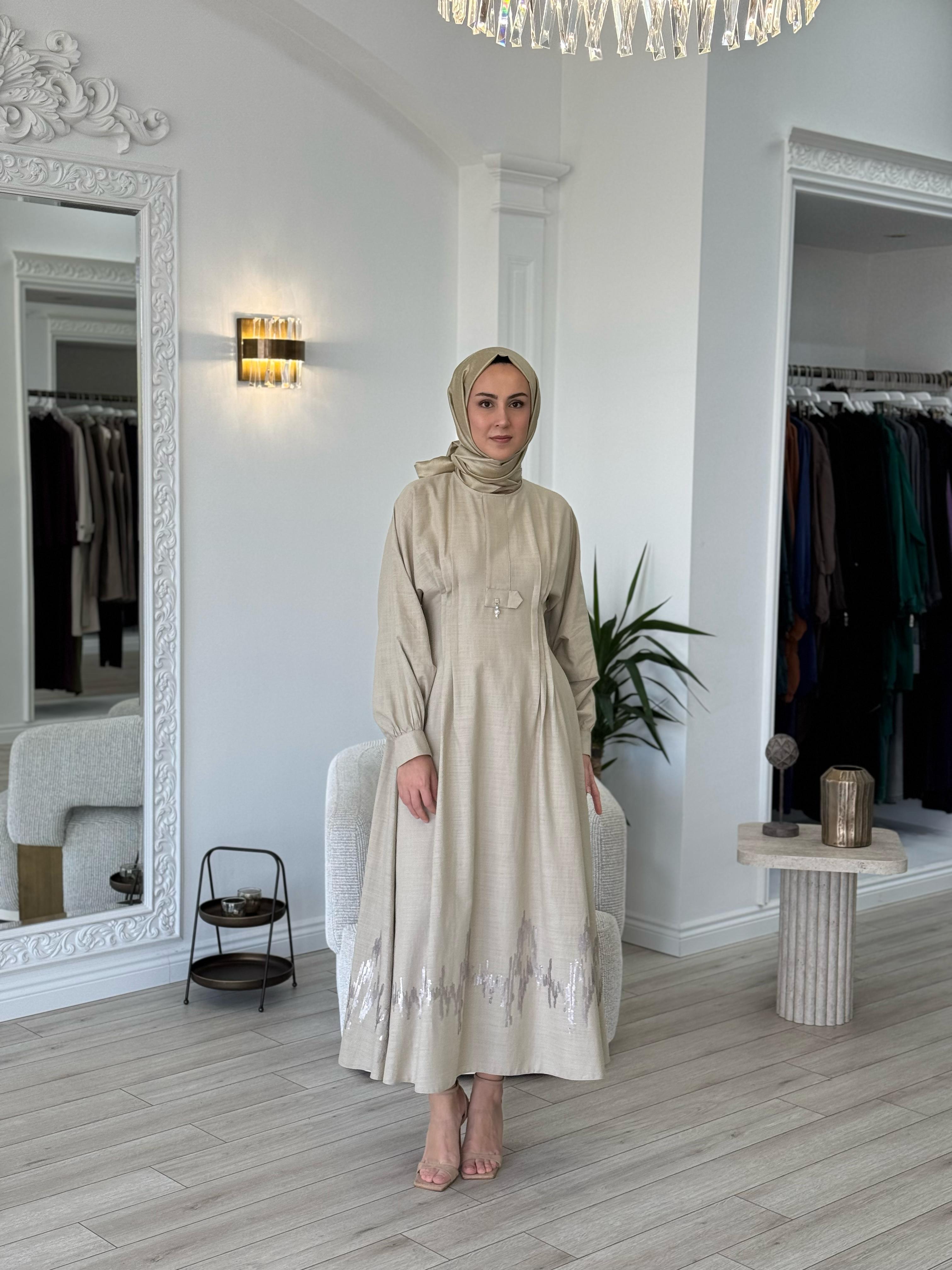 Niqozza Fausta Pul Nakışlı Elbise Bej 25ss50187