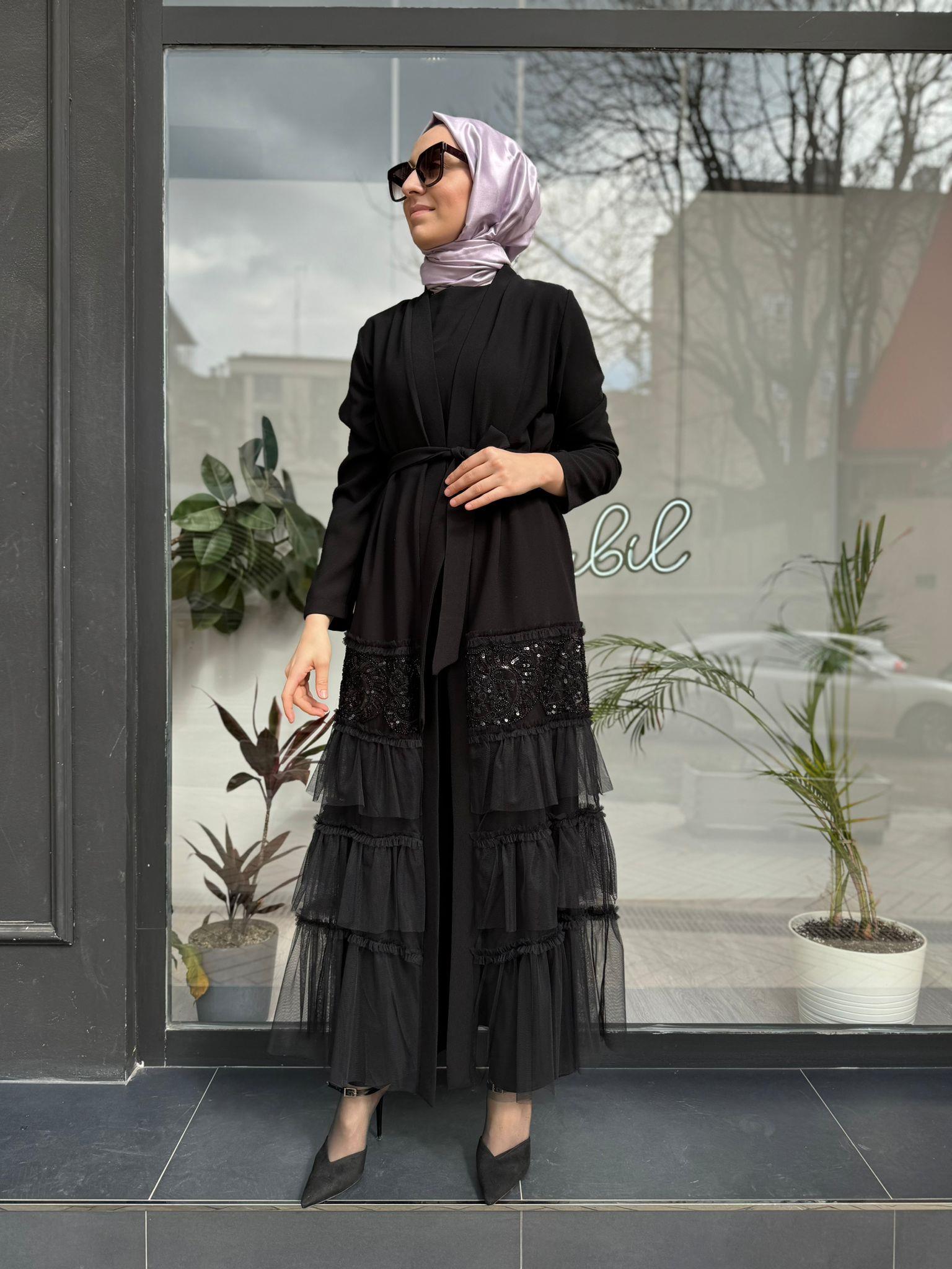 Nurcan Çetin Altı Tüllü Abaya Siyah 7636