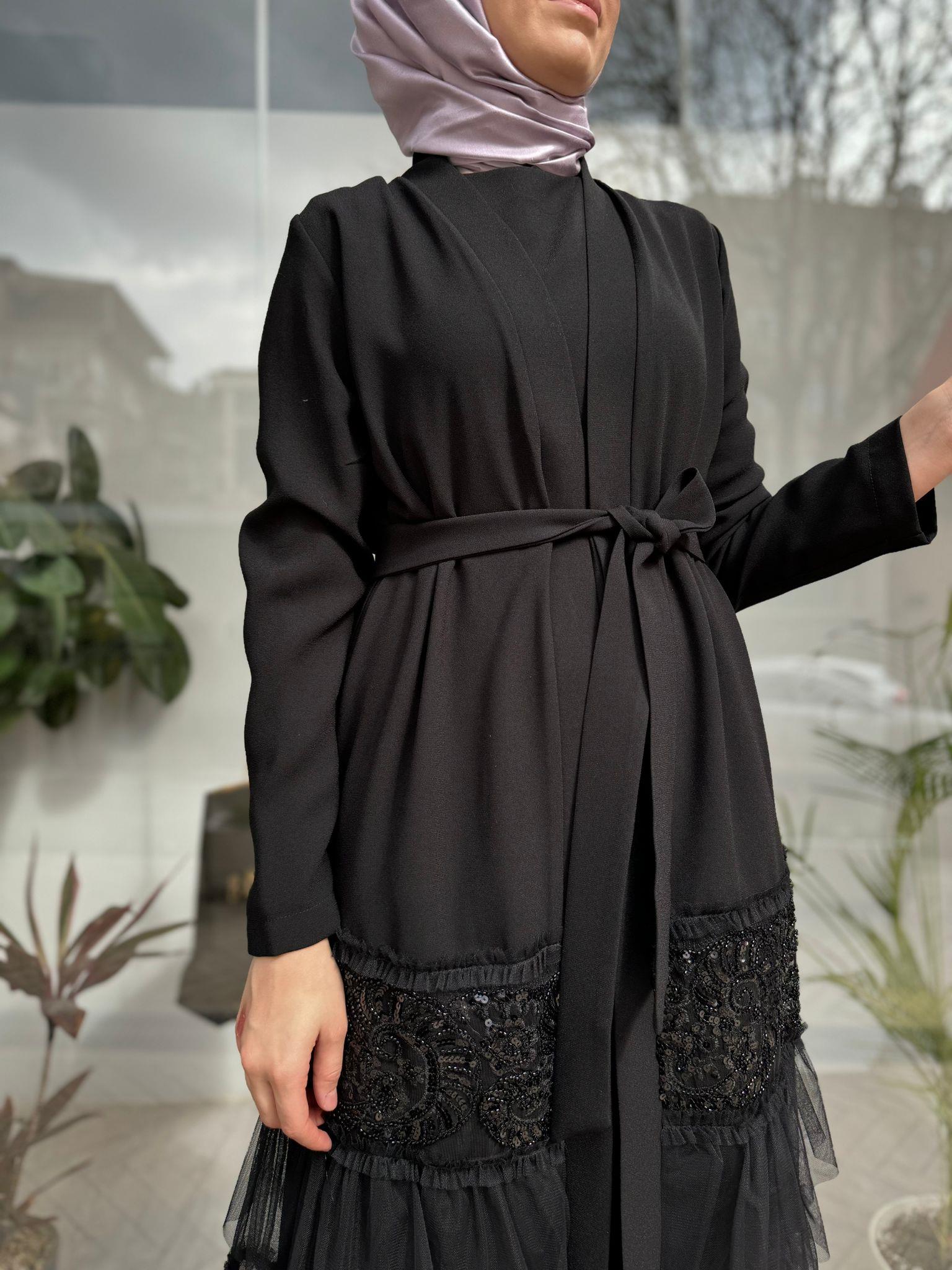 Nurcan Çetin Altı Tüllü Abaya Siyah 7636 - Babilbutik