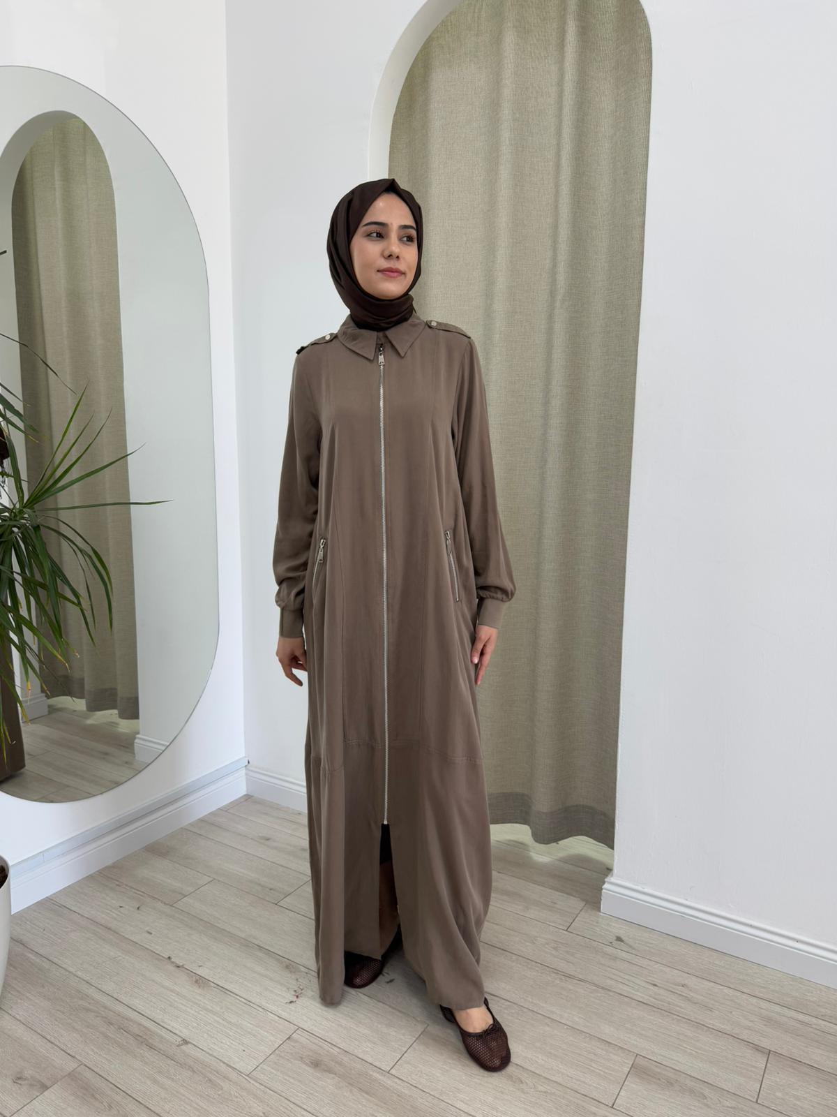 Nurcan Çetin Apolet Detaylı Fermuarlı Elbise Kahverengi 25239