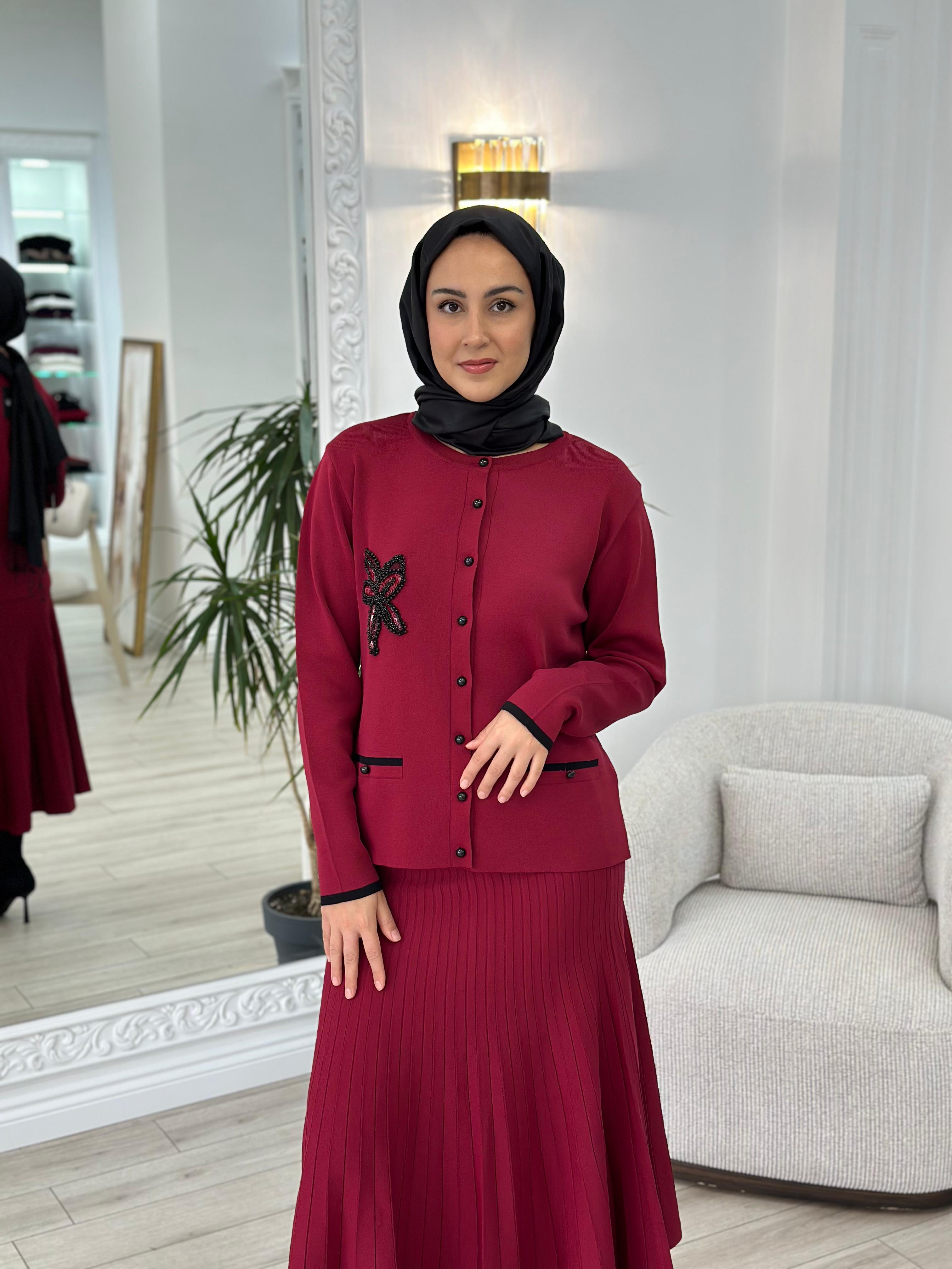 Nurcan Çetin Çizgili Blazer Takım Bordo nç006