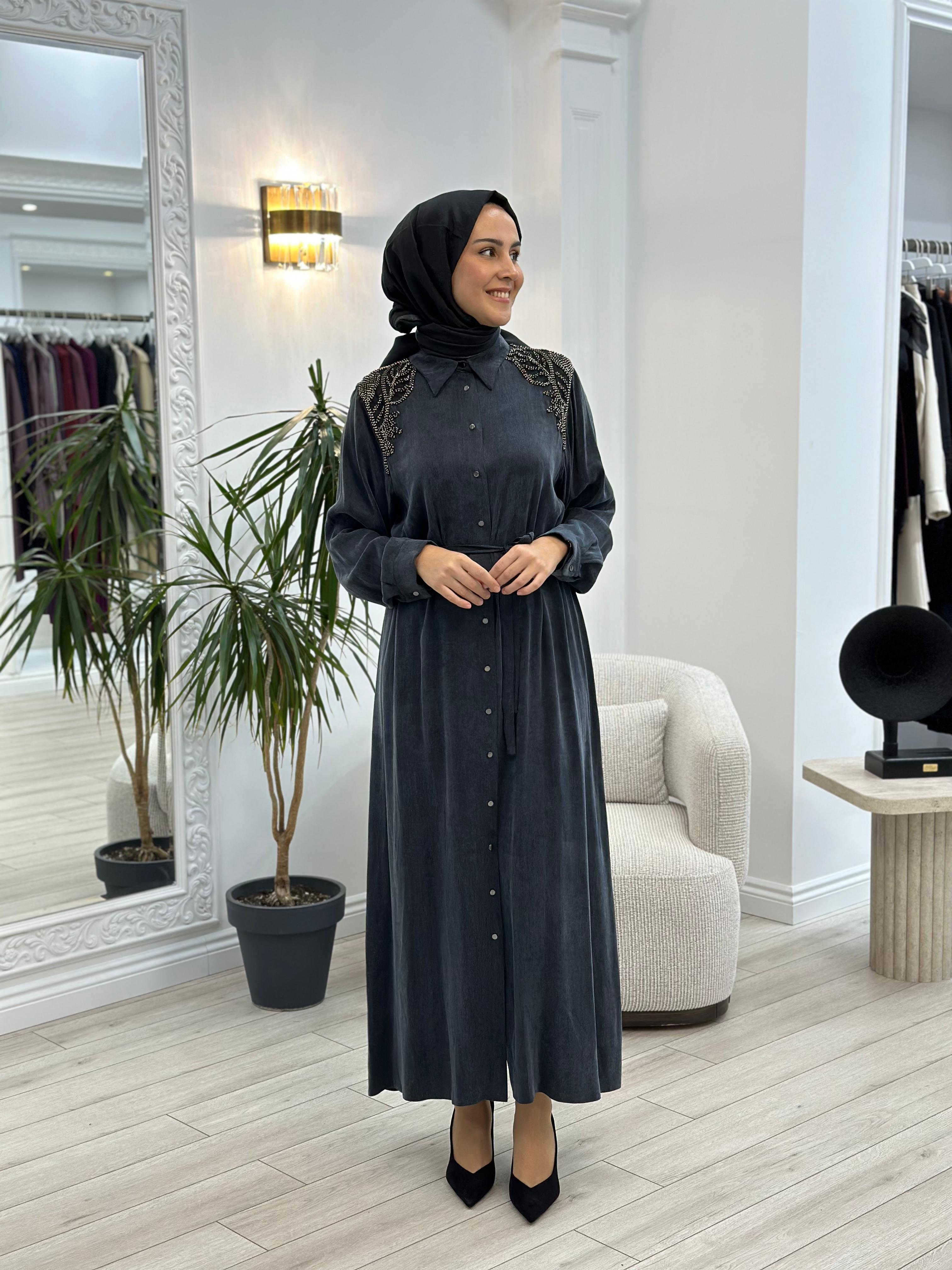 Nurcan Çetin Cupra Nakış Detaylı Düğmeli Elbise Siyah 16139