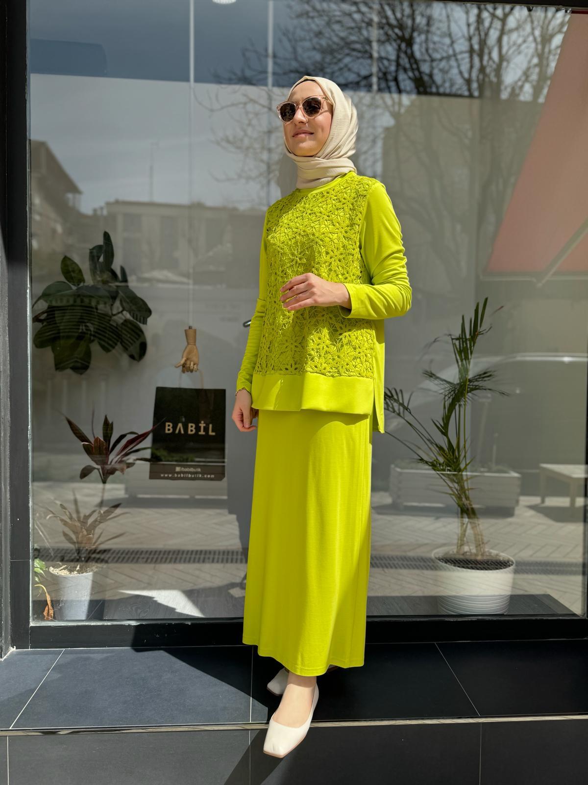 Nurcan Çetin Dantel Detaylı Etekli Tunik Takım Asit 24479