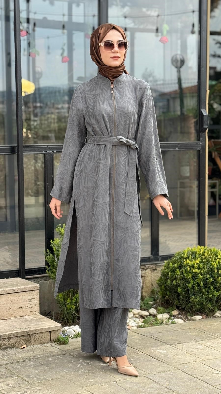 Nurcan Çetin Desenli Fermuarlı Pantolonlu Takım 26462