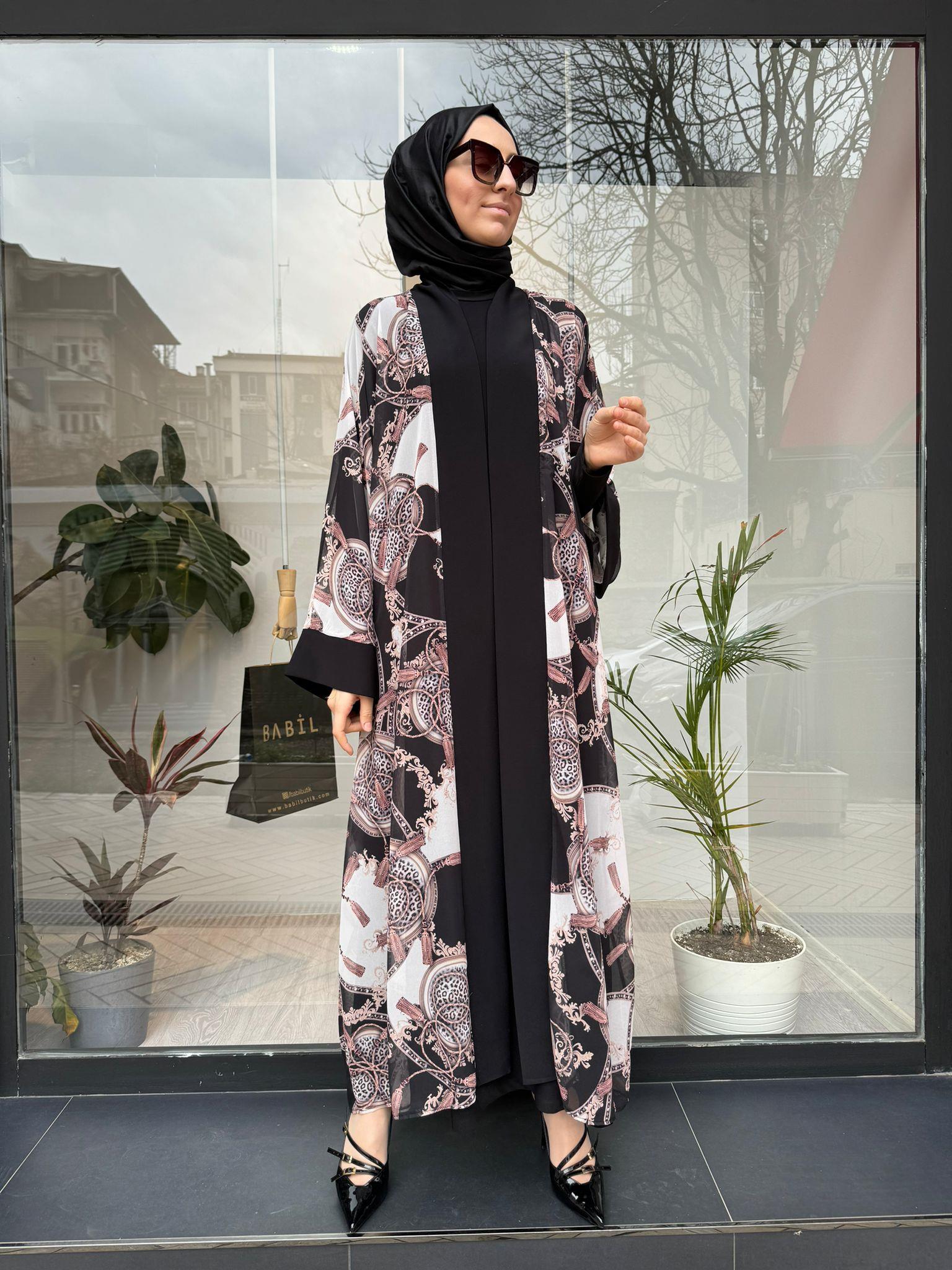Nurcan Çetin Desenli Şifon Abaya Kahve 7651