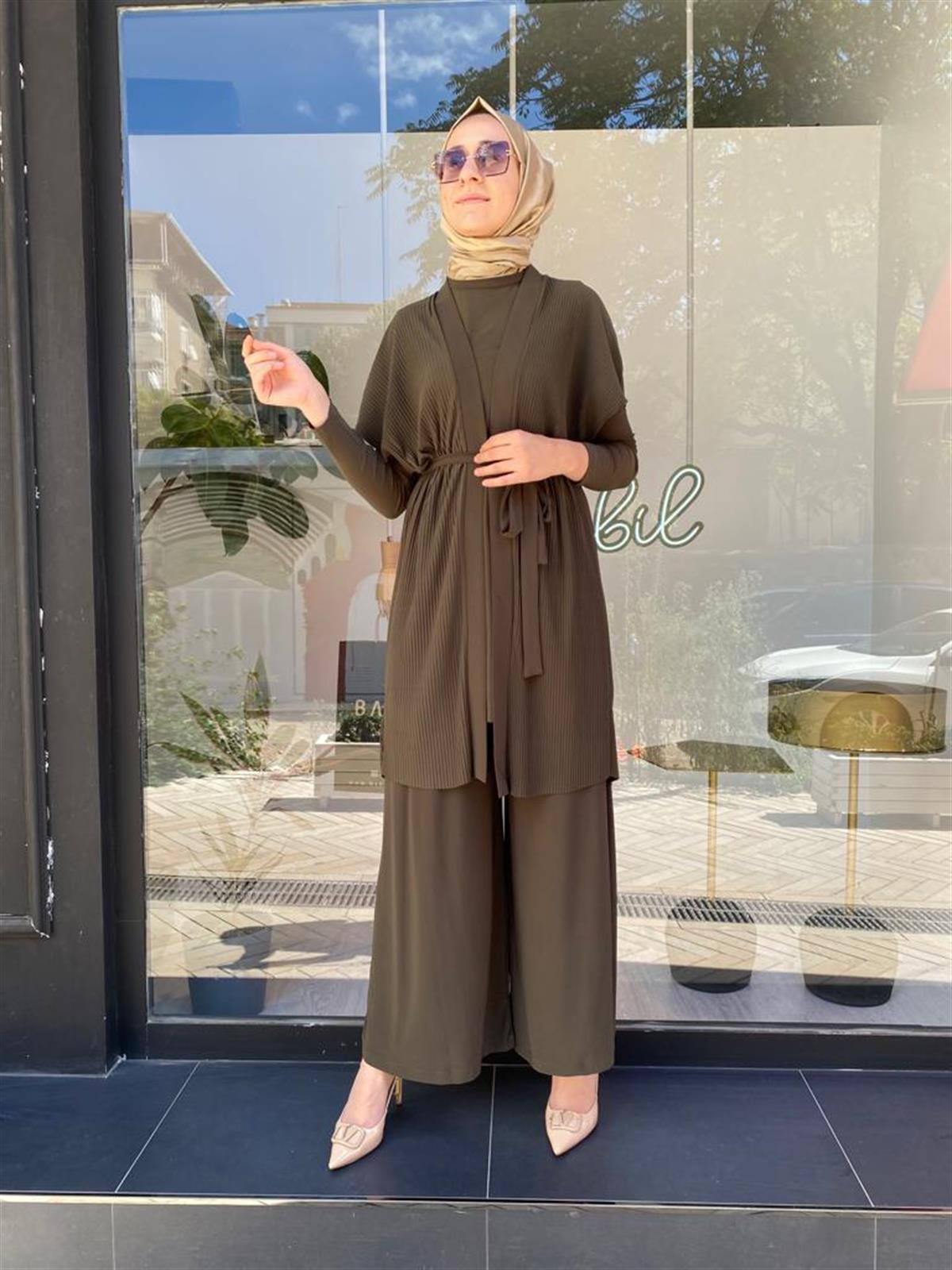 Nurcan Çetin Fitil Görünümlü Bol Paça Pantolon Takım 23434