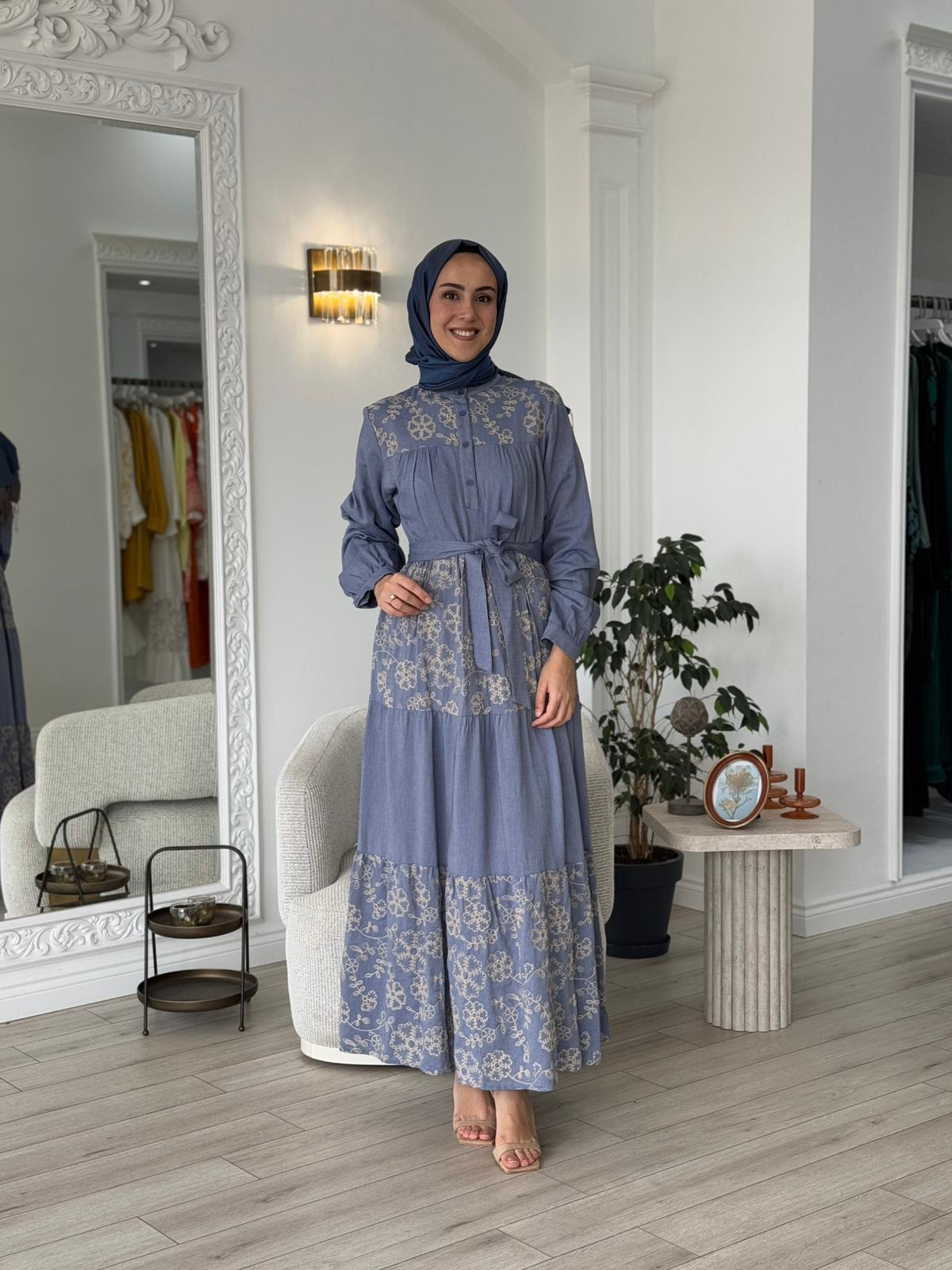 Nurcan Çetin İşleme Detaylı Elbise Mavi 25146