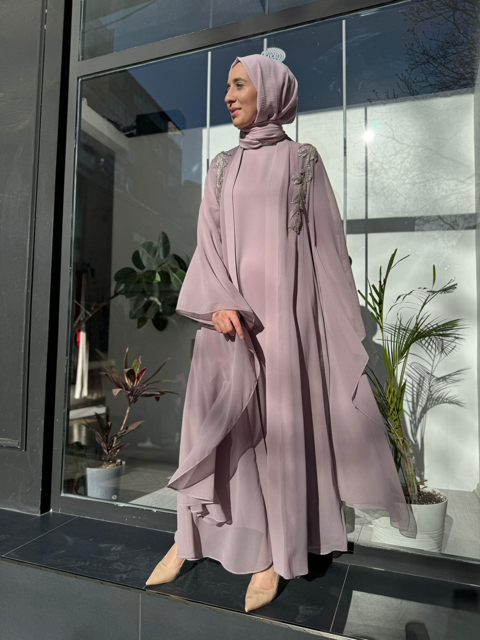 Nurcan Çetin İşlemeli Abaya Lila 7627 - Babilbutik
