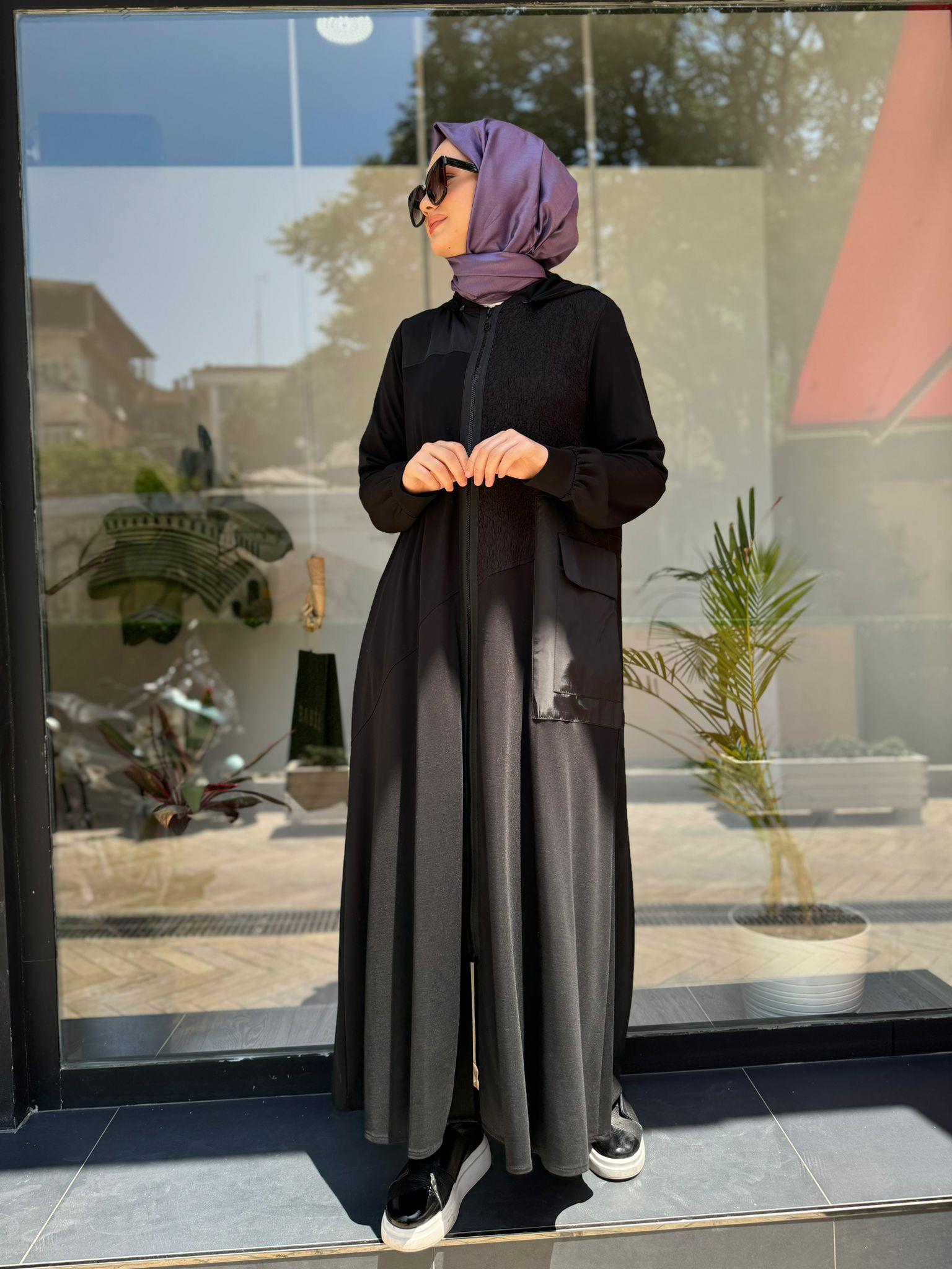 Nurcan Çetin Kapşonlu Ferace Siyah 24938 - Babilbutik