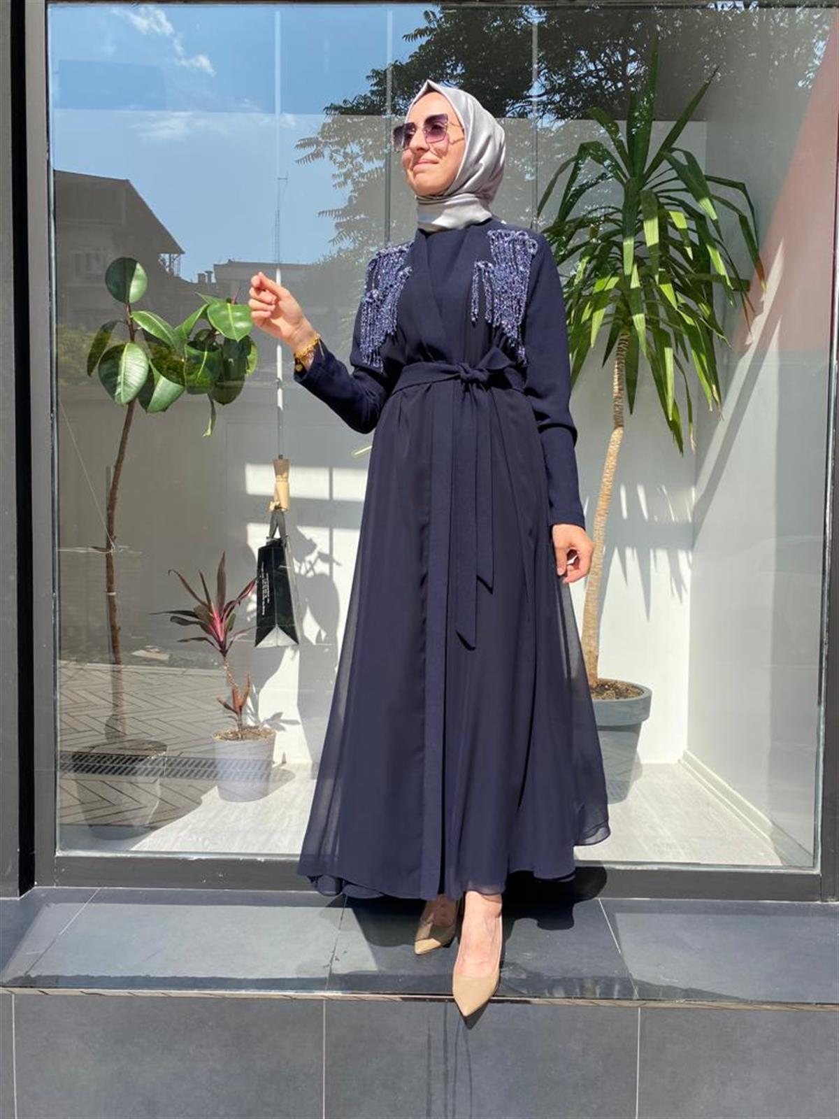 Nurcan Çetin Omzu Taşlı Abaya Takım Lacivert 6808 - Babilbutik