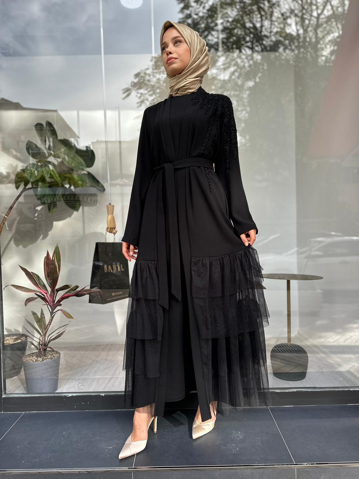 Nurcan Çetin Omzu Taşlı İkili Abaya Siyah 7606