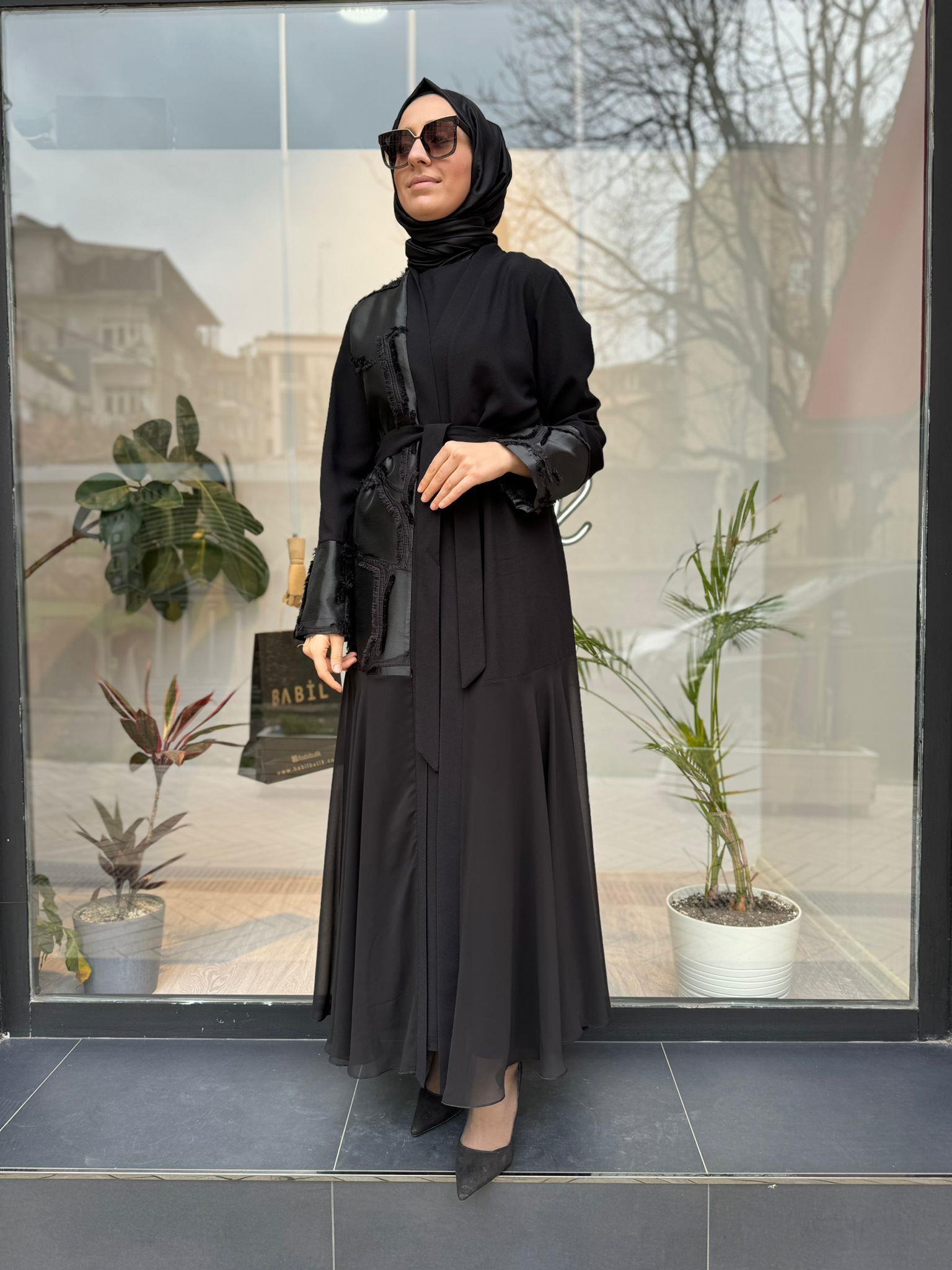Nurcan Çetin Organze Detaylı Abaya Siyah 7648