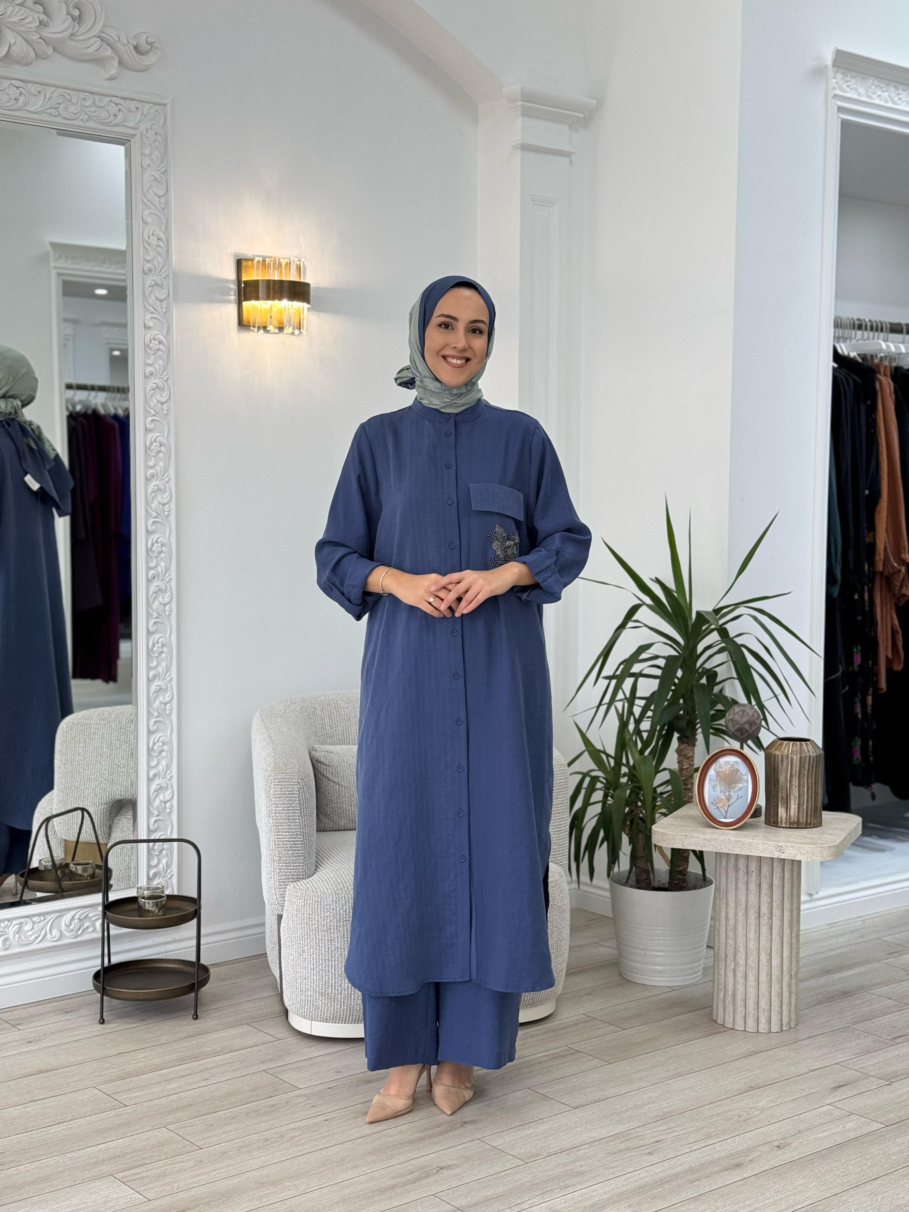 Nurcan Çetin Pantolonlu Takım İndigo 25447