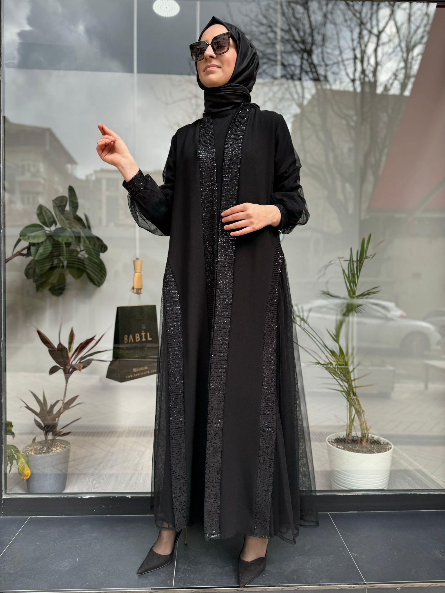 Nurcan Çetin Payet Tül Detaylı Abaya Siyah 7634