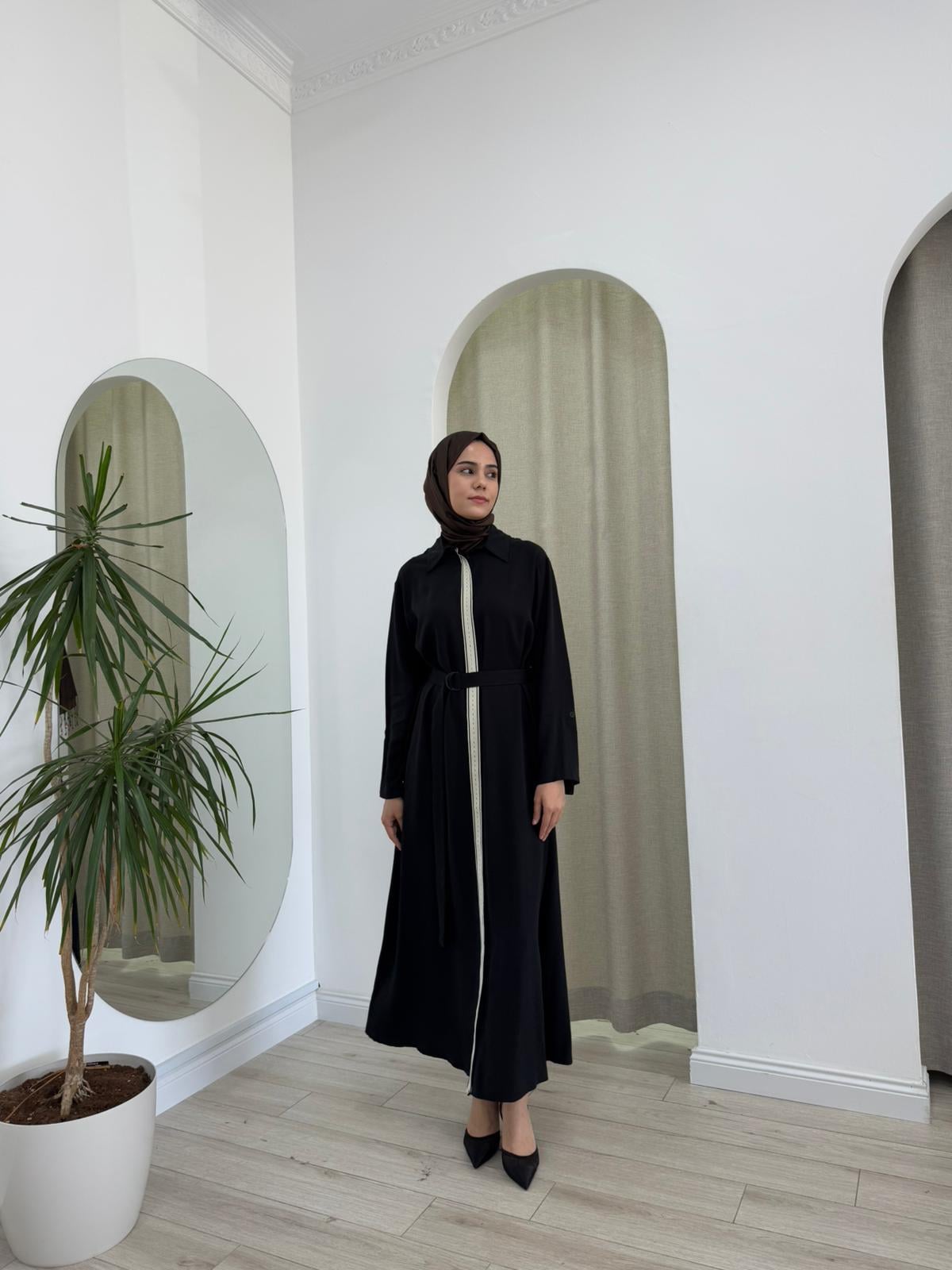 Nurcan Çetin Şerit Pat Detaylı Elbise Siyah 25125