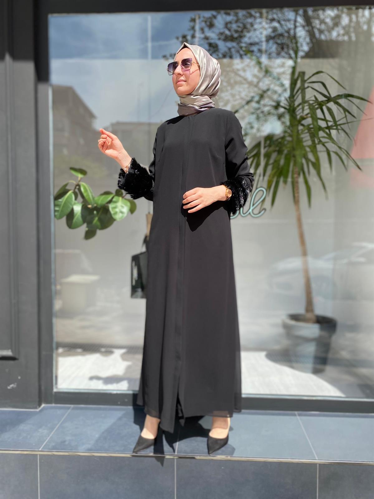 Nurcan Çetin Siyah KoluTüllü Basic Ferace 6904