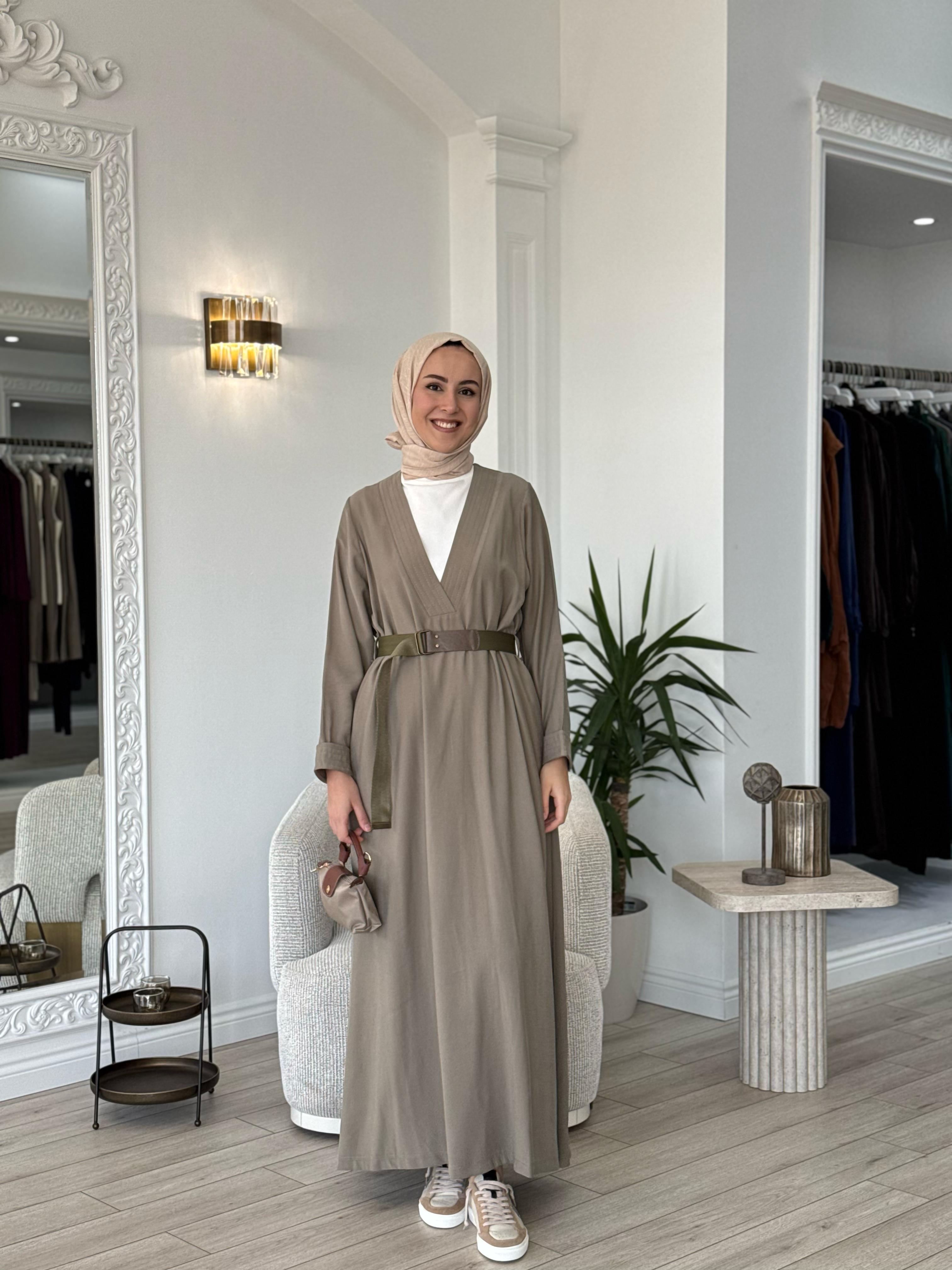 Nurcan Çetin V Yaka Kemerli Elbise Haki 25112