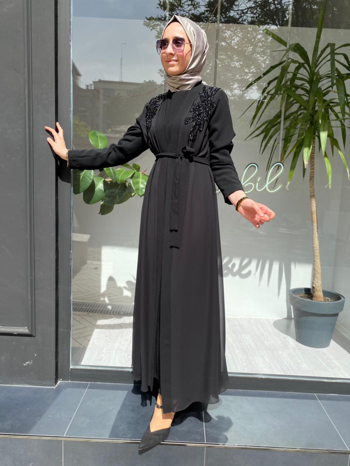 あやの Nurcan Çetin Yaka Taşlı İkili Siyah Abaya 6600 - Babilbutik